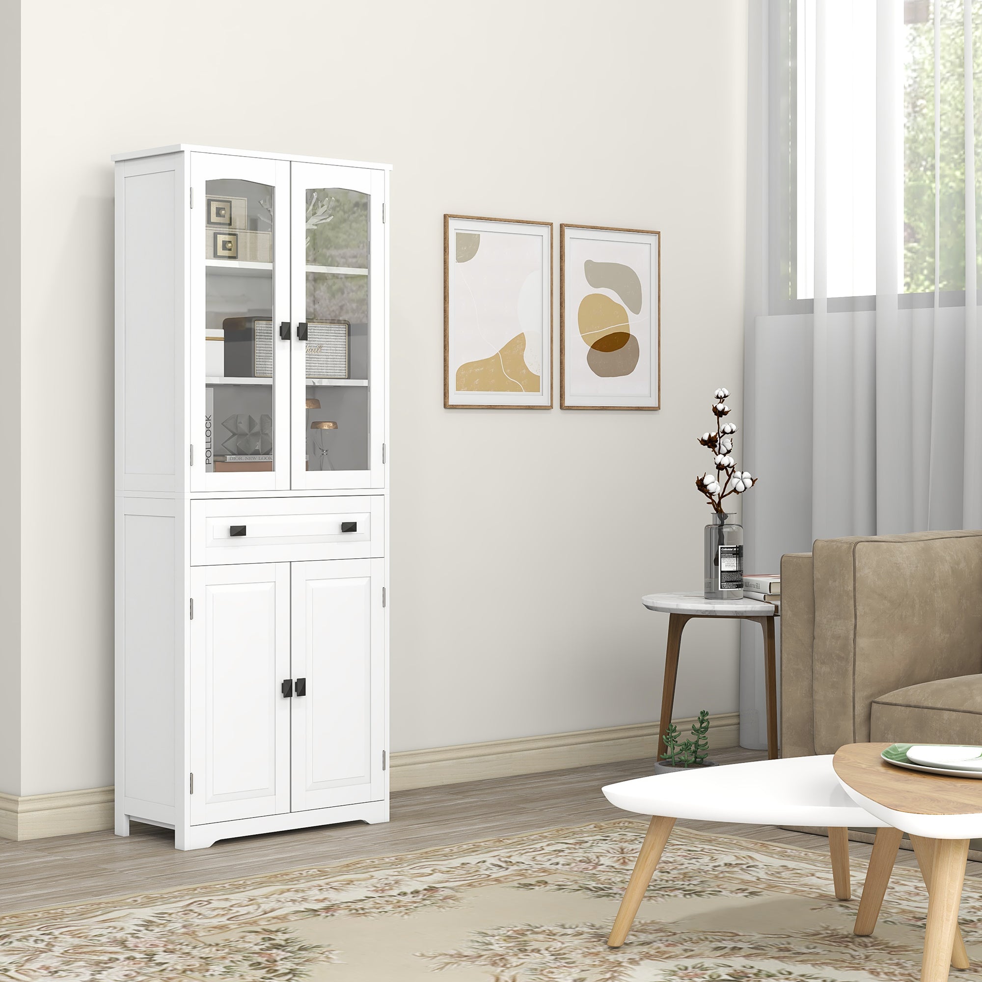 Armário de Cozinha – 60x30x160 cm – Branco – Melamina e MDF com Vidro Temperado