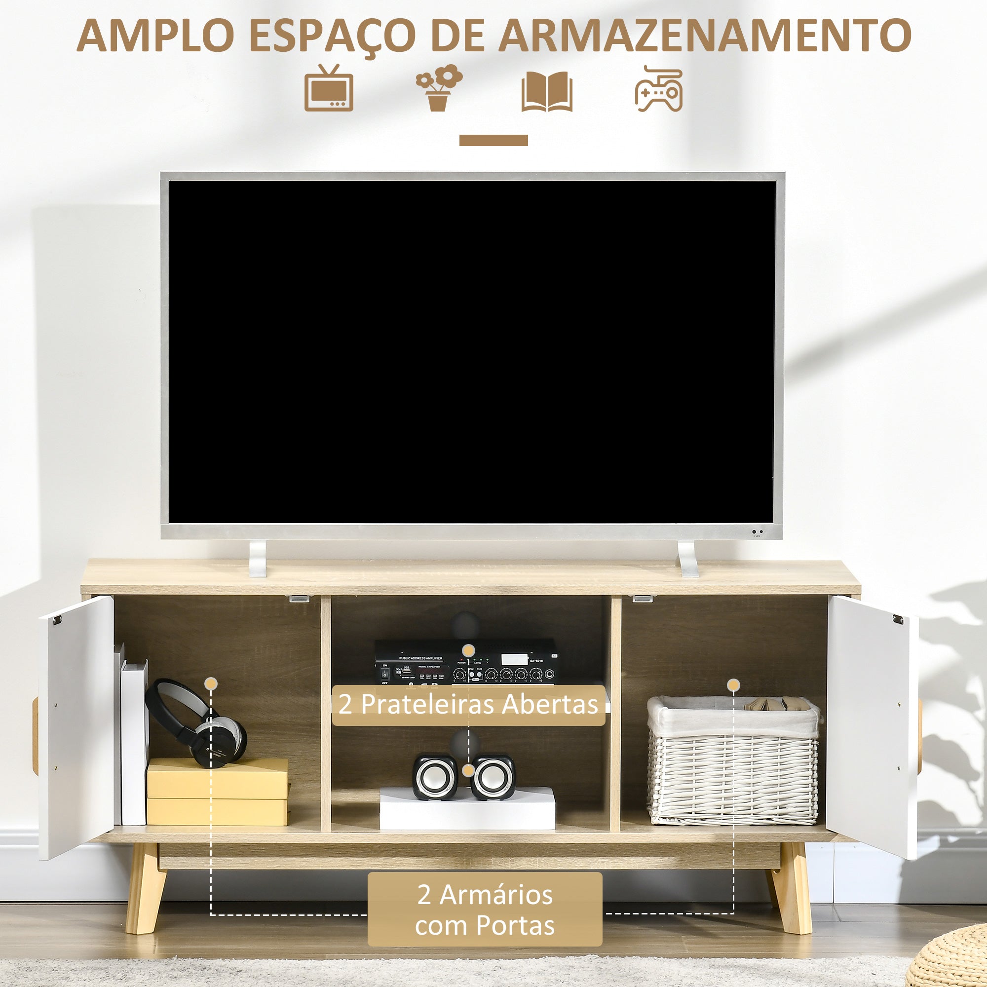 Móvel de TV Moderno – 120x40x55 cm – Branco – Madeira