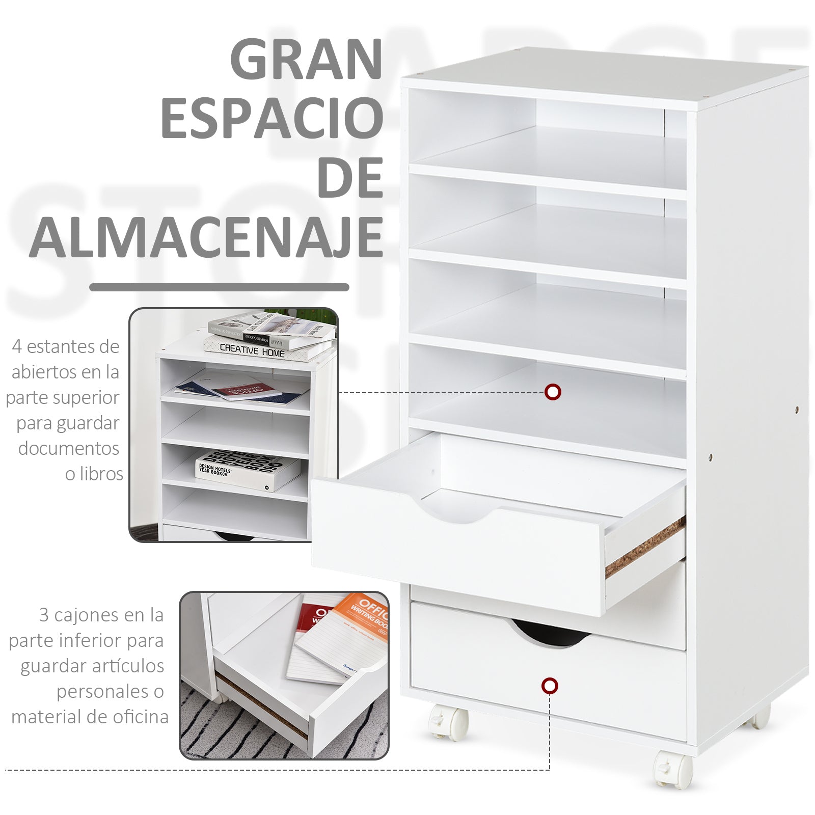 Móvel Auxiliar de Escritório com 3 Gavetas e 4 Prateleiras - 40x30x83 cm - Branco