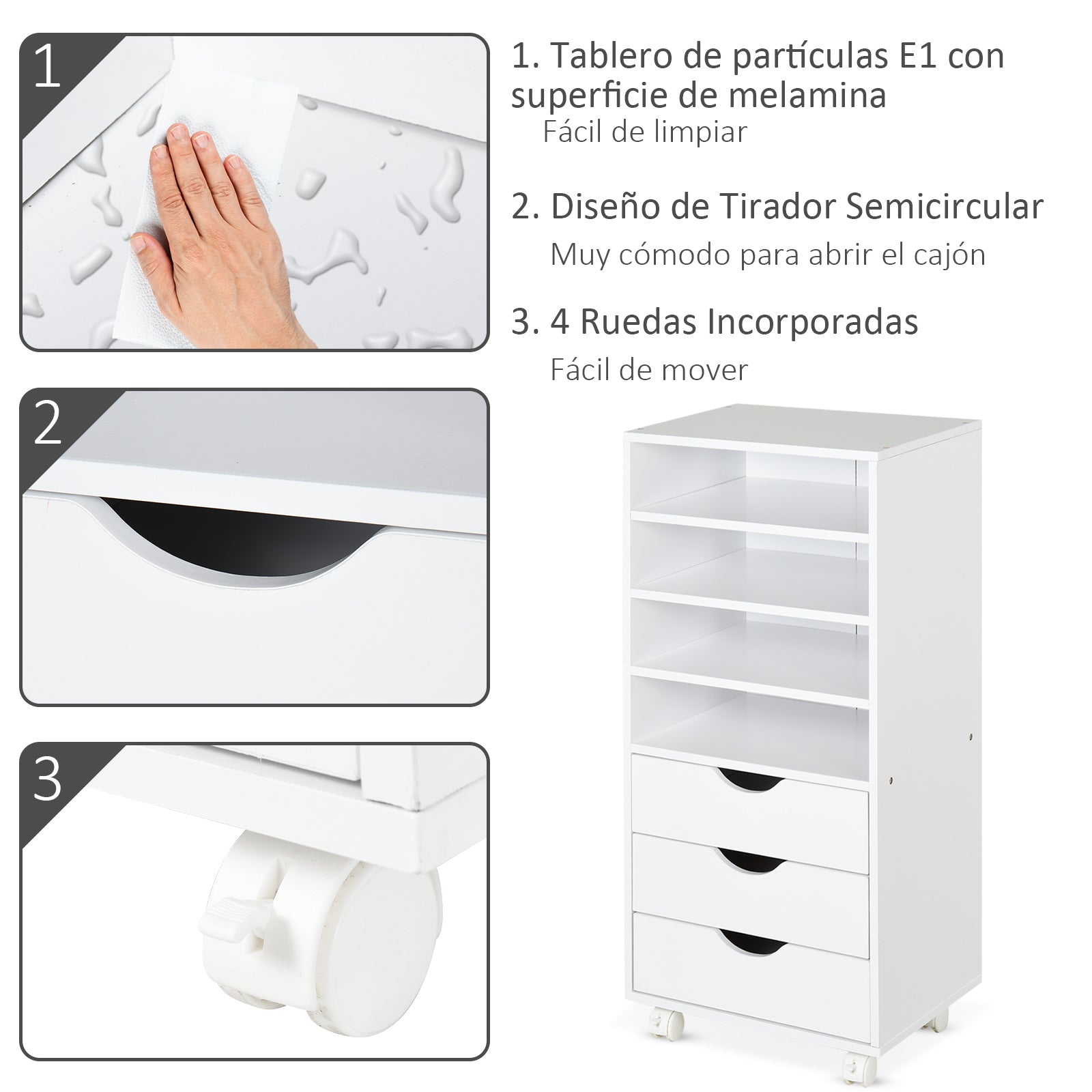 Móvel Auxiliar de Escritório com 3 Gavetas e 4 Prateleiras - 40x30x83 cm - Branco