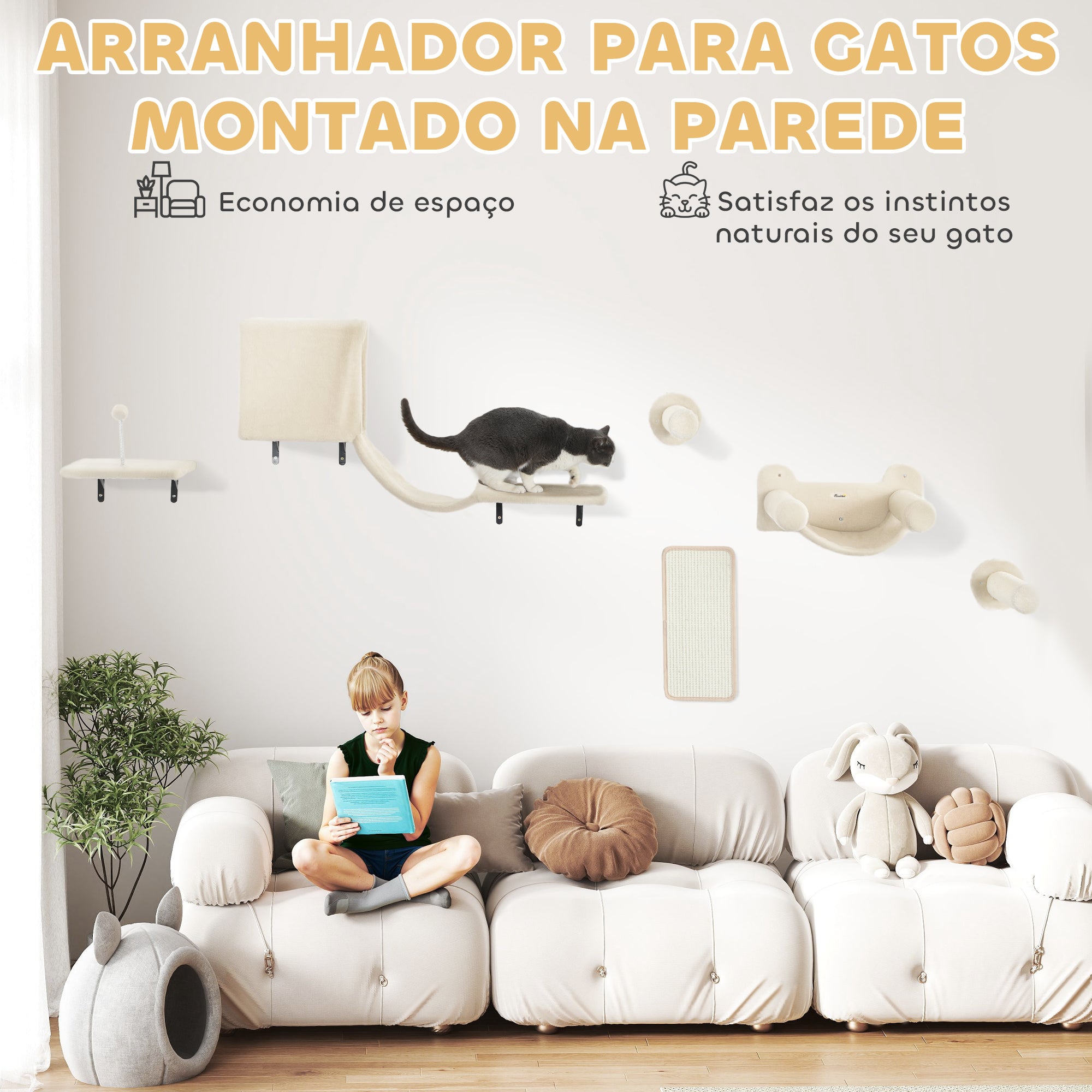 Conjunto de Prateleiras de Escalada para Gatos - Bege 106x30x30,5 cm