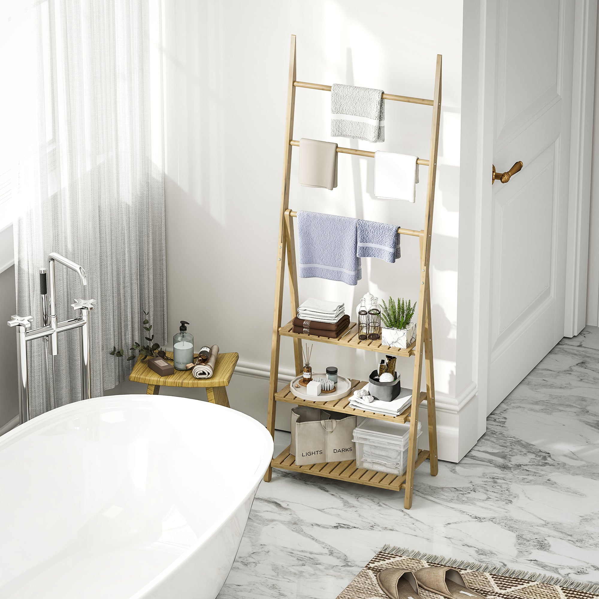 Estante de Casa de Banho em Bambu – 53,5x30x153 cm – Cor Madeira Natural