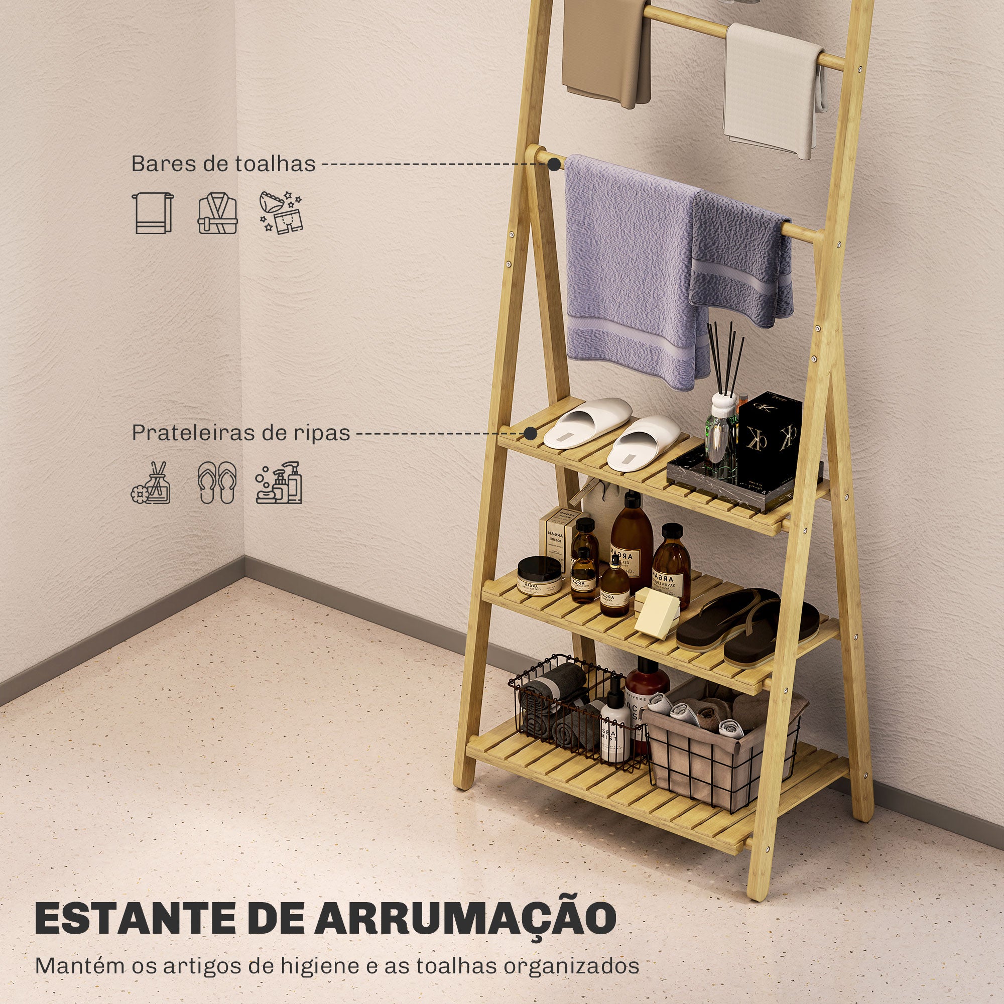 Estante de Casa de Banho em Bambu – 53,5x30x153 cm – Cor Madeira Natural