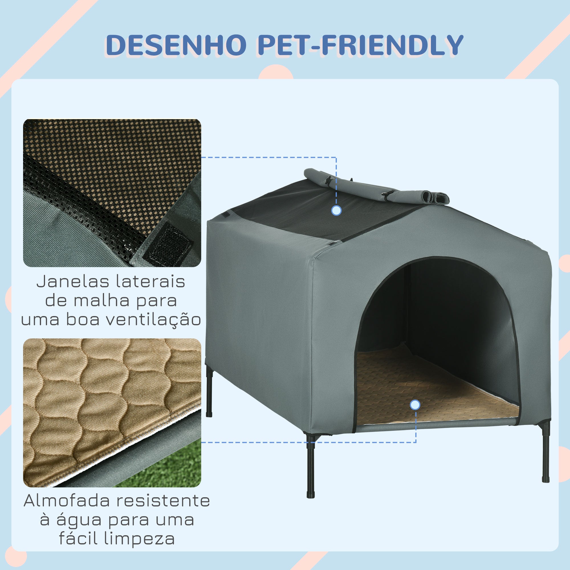 Casa para Cães 130x85x95 cm Cinzenta - Cama Elevada com Almofada