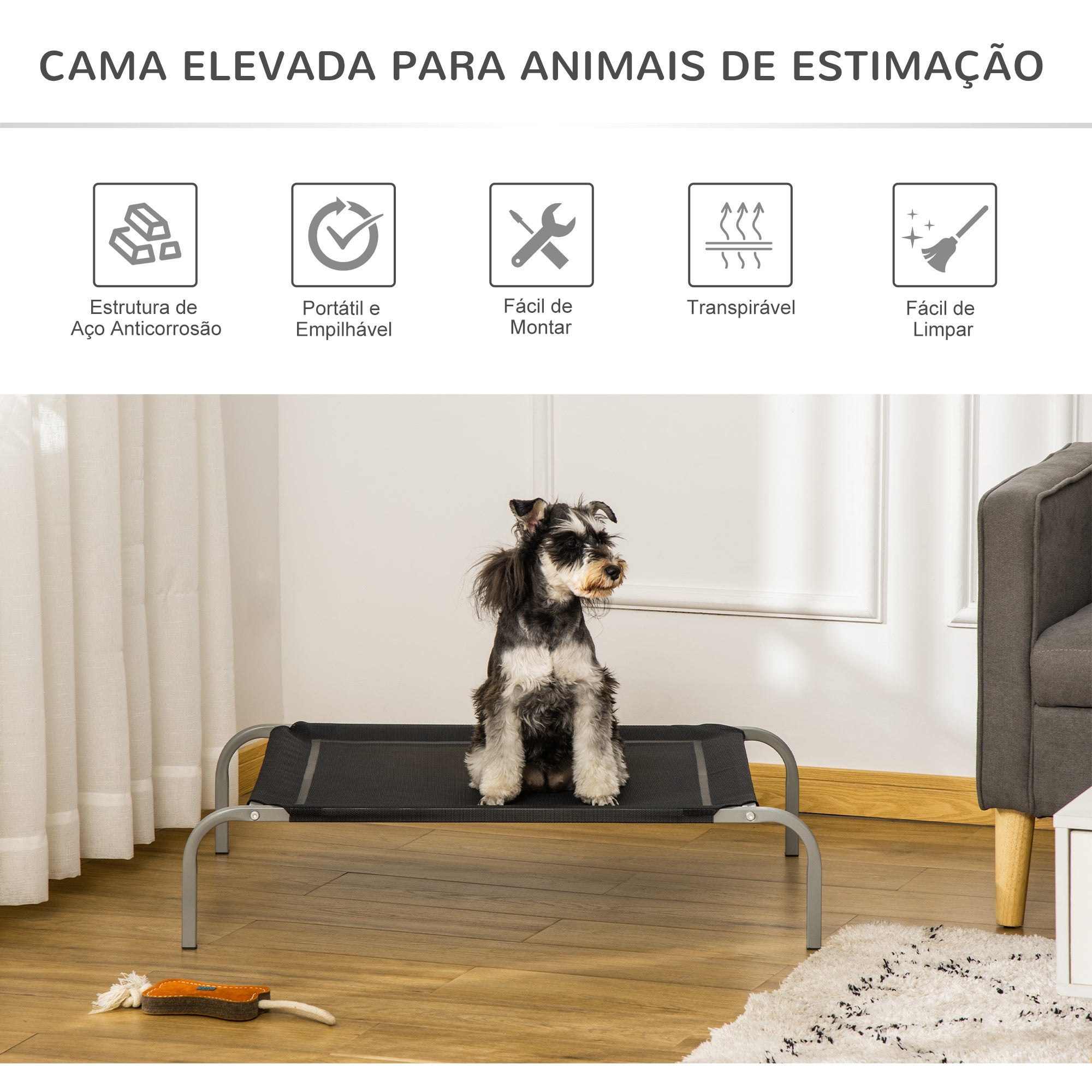 Cama Elevada para Animais de Estimação – 90x65x20cm – Preto – Metal