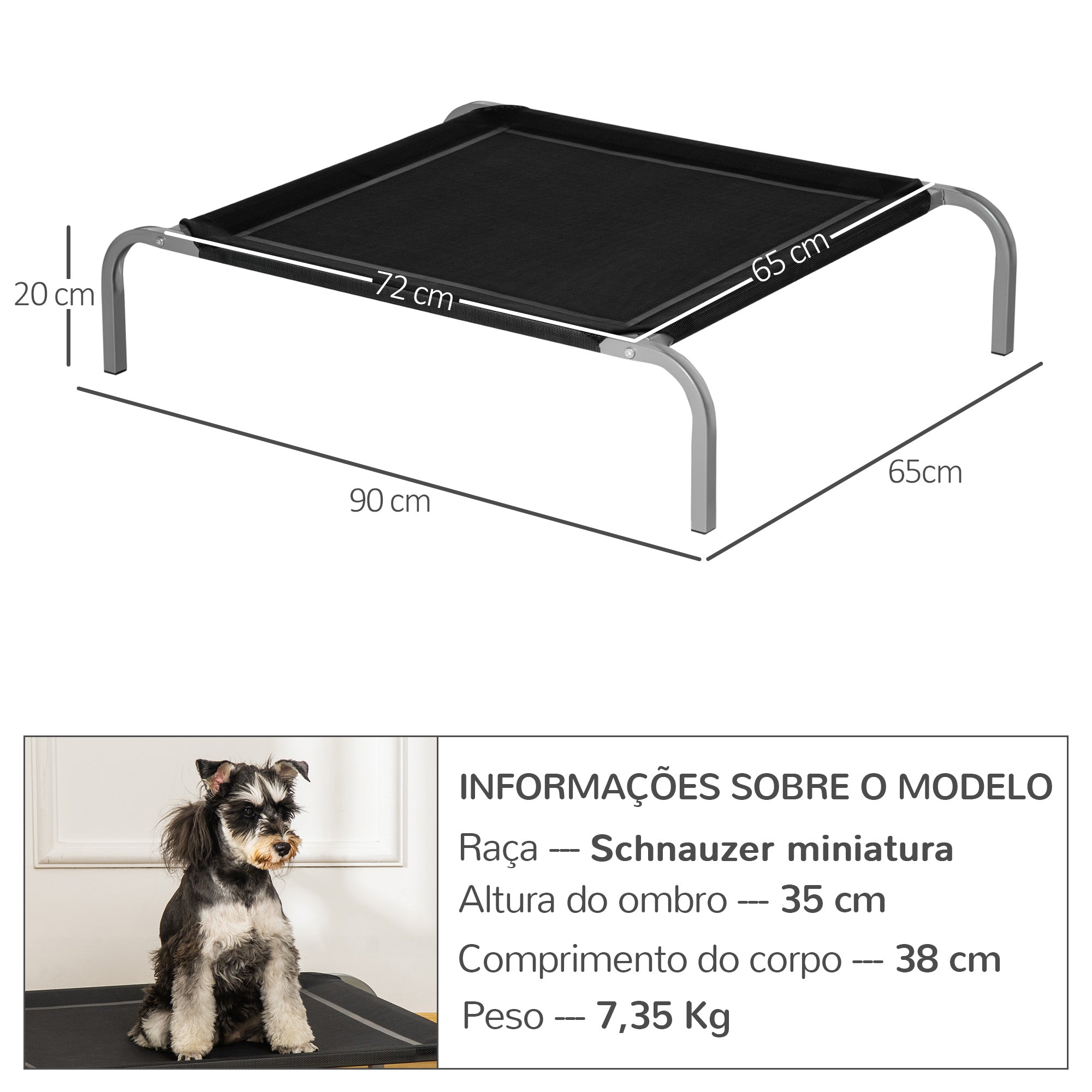 Cama Elevada para Animais de Estimação – 90x65x20cm – Preto – Metal