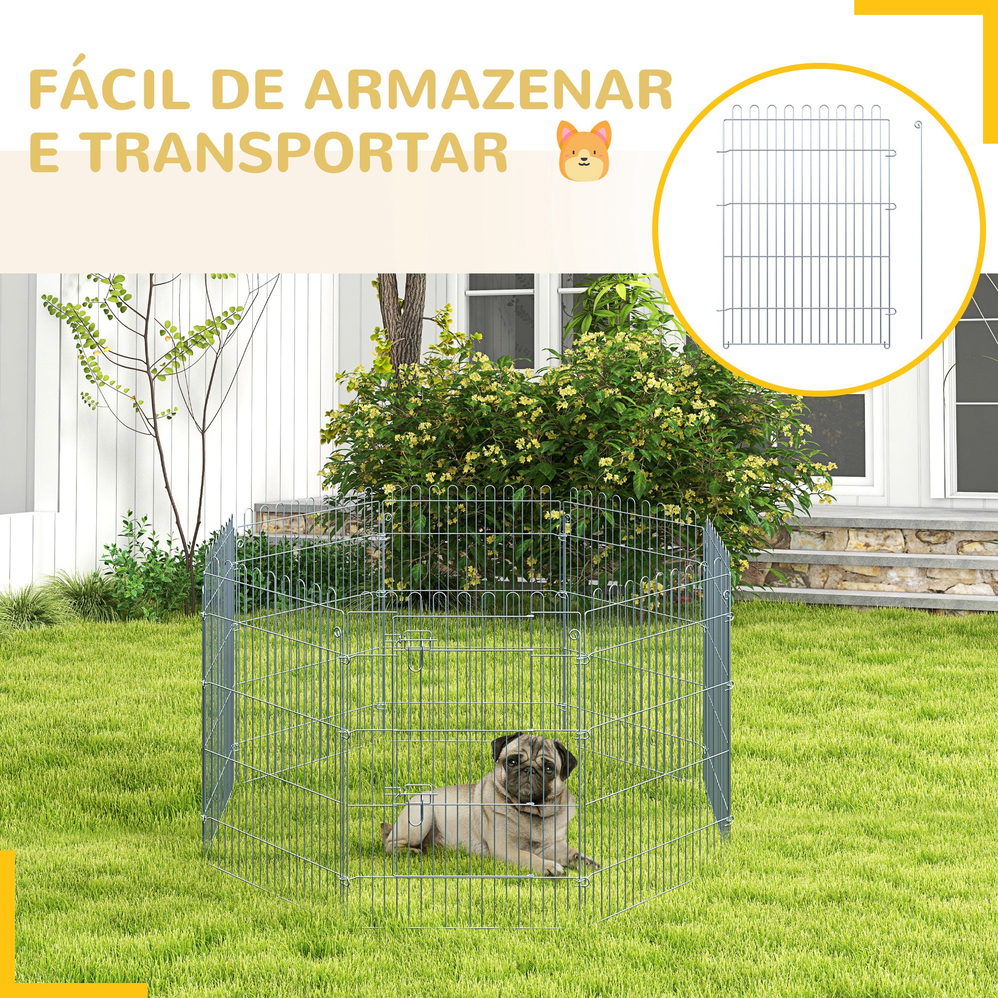 Parque para Animais de Estimação 63x76cm Prata - Cercado com Porta para Jardim