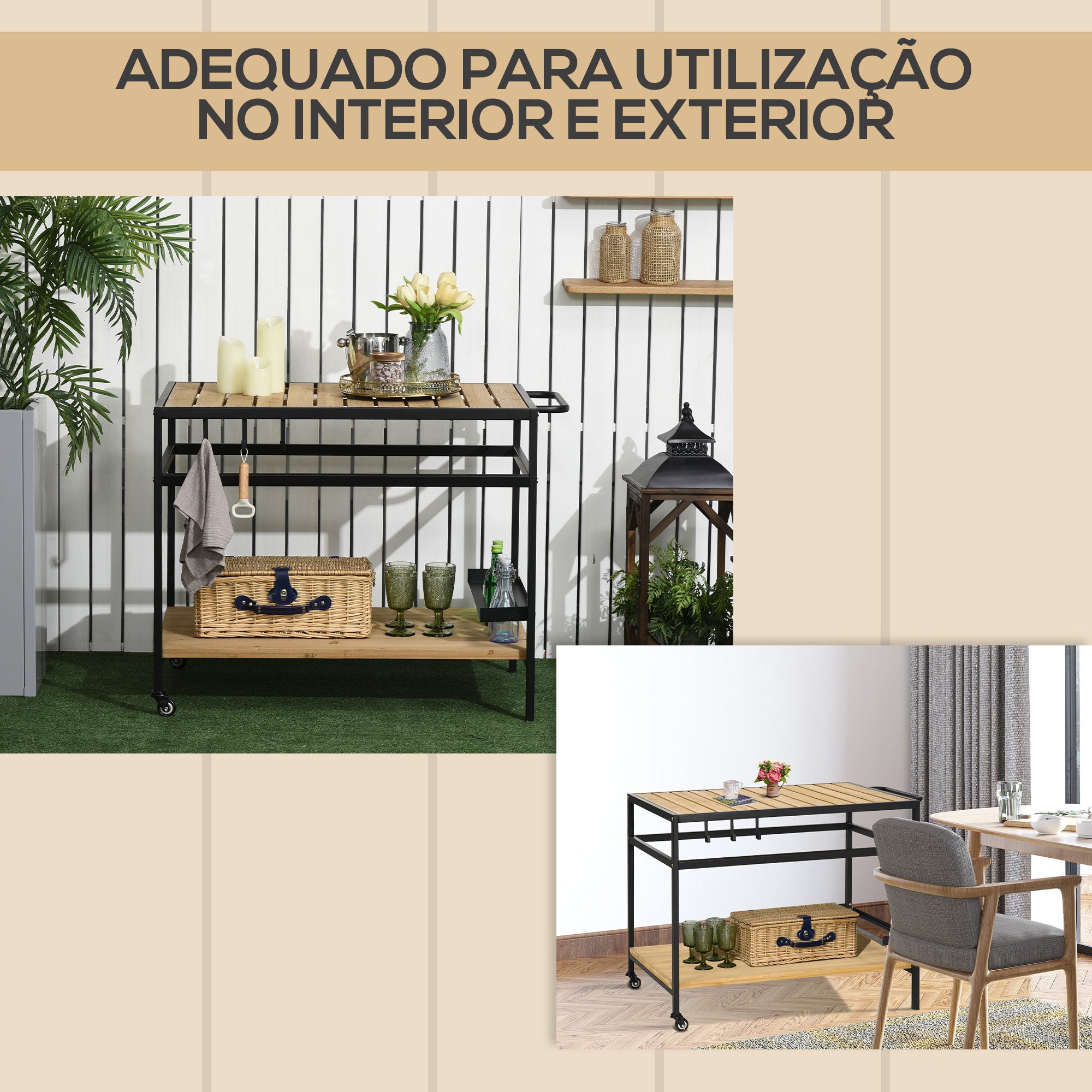 Carrinho Multifuncional com Rodas de Madeira - 107x65x80 cm - Madeira e Preto