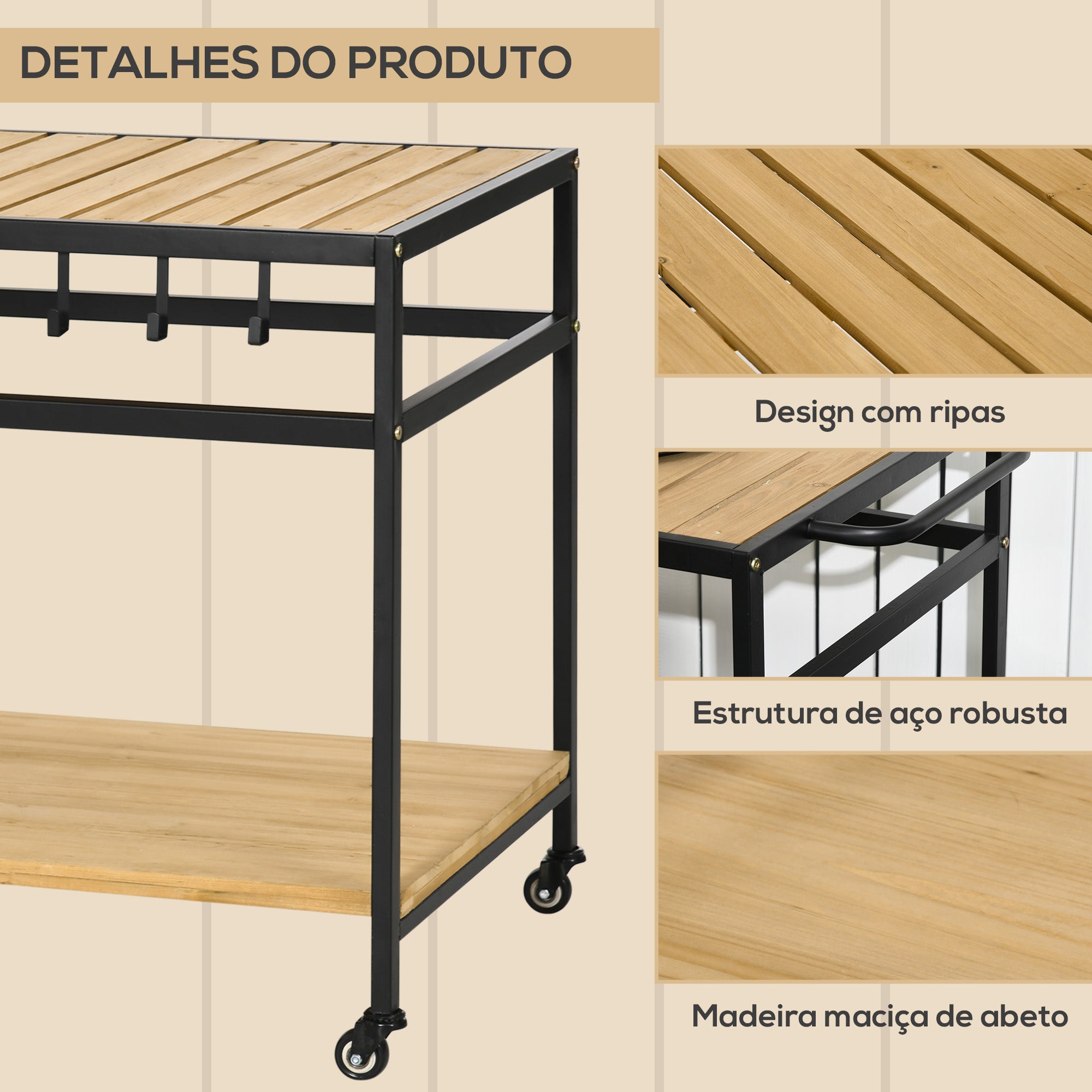 Carrinho Multifuncional com Rodas de Madeira - 107x65x80 cm - Madeira e Preto