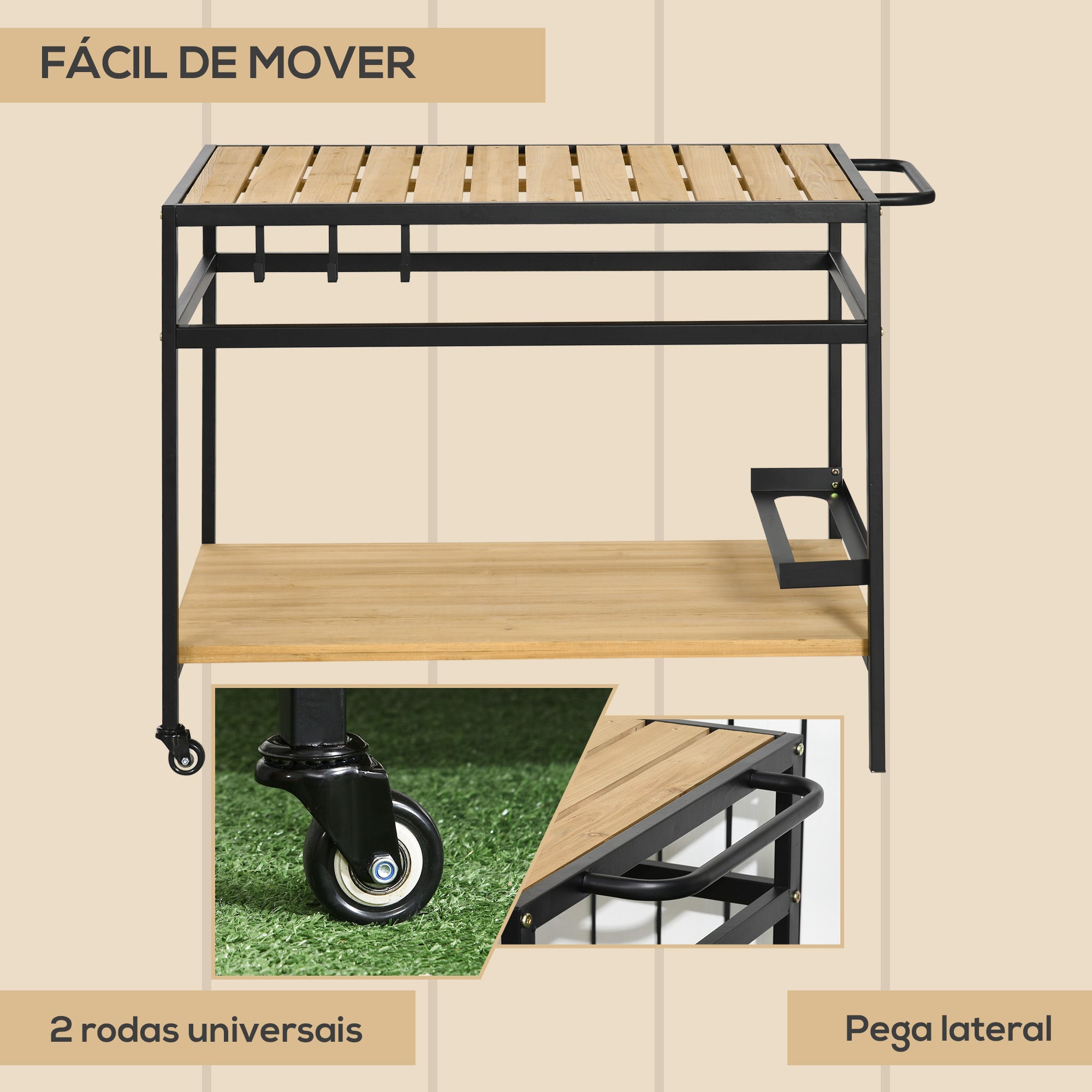 Carrinho Multifuncional com Rodas de Madeira - 107x65x80 cm - Madeira e Preto