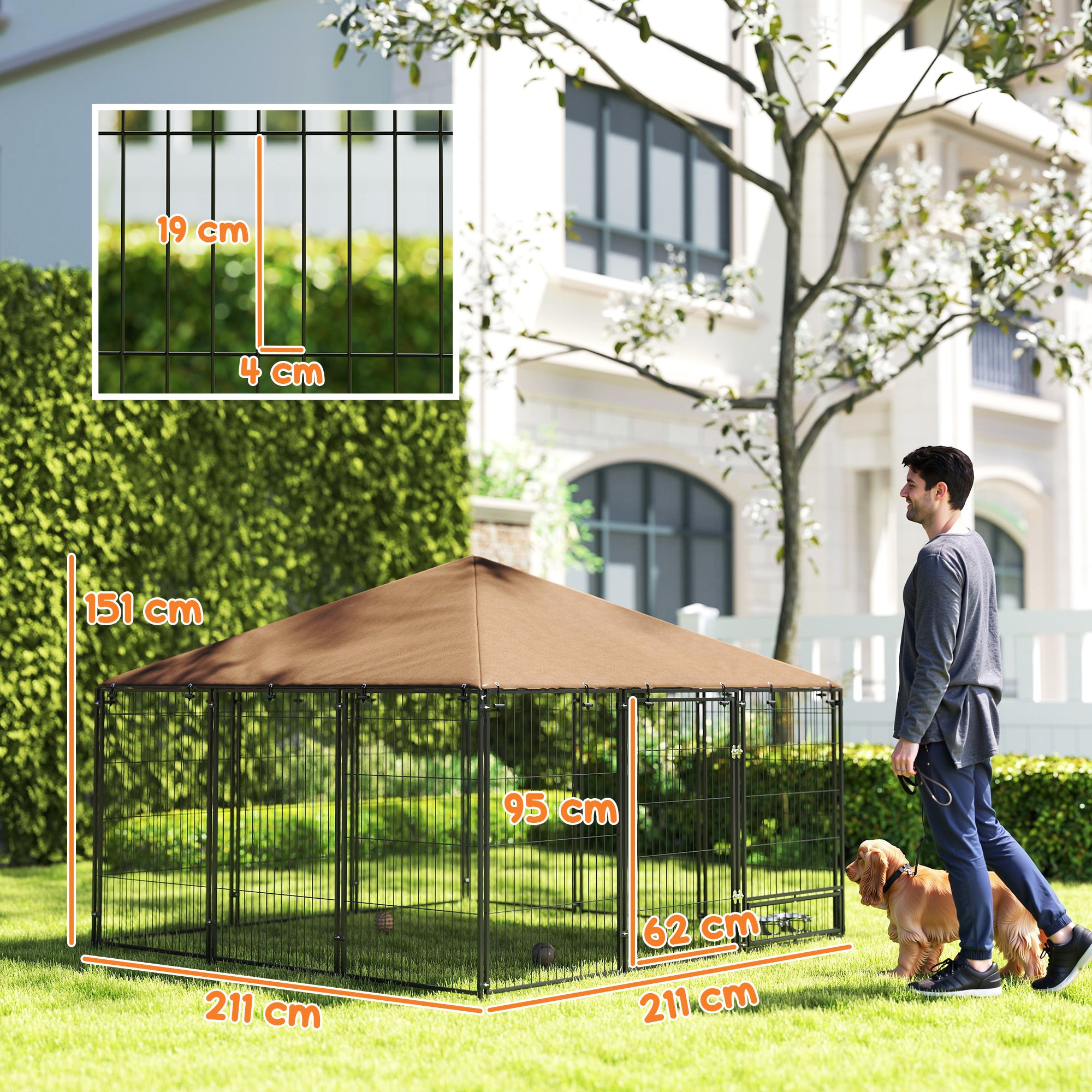 Parque para Cães com Toldo – 211x211x151 cm – Preto e Marrom – Metal