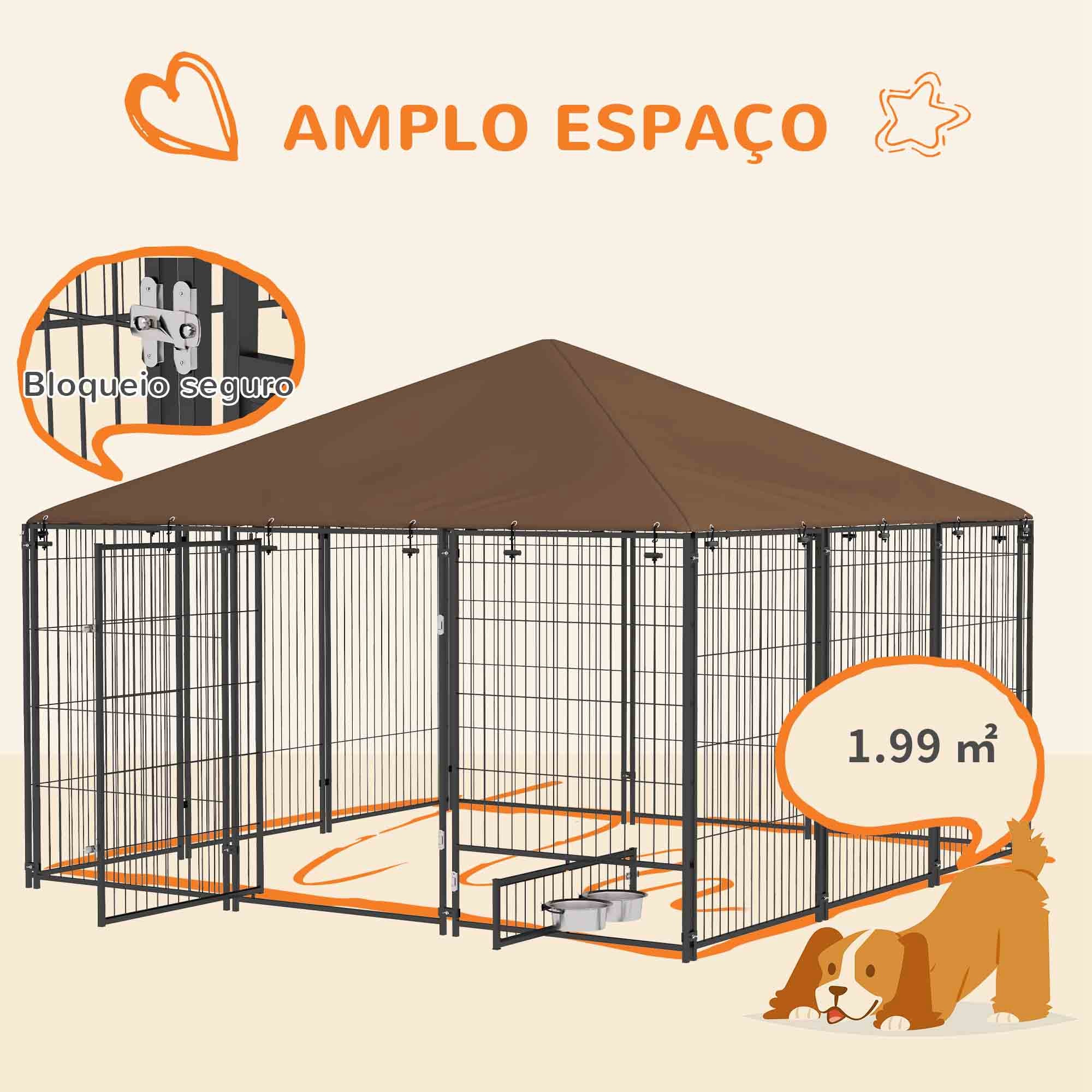 Parque para Cães com Toldo – 211x211x151 cm – Preto e Marrom – Metal