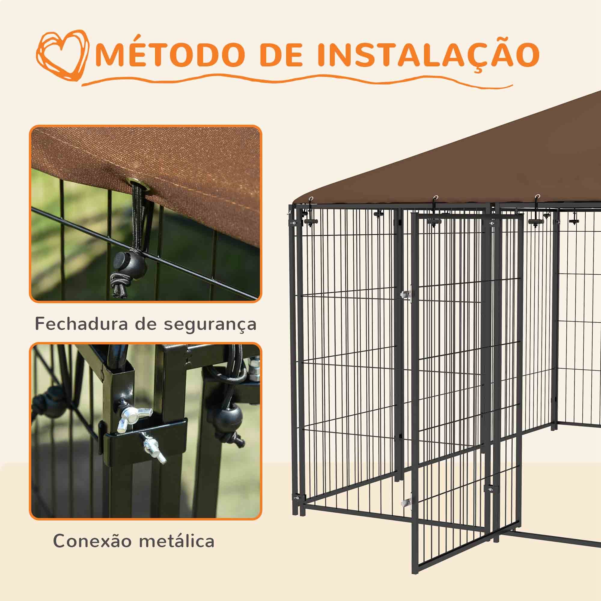 Parque para Cães com Toldo – 211x211x151 cm – Preto e Marrom – Metal
