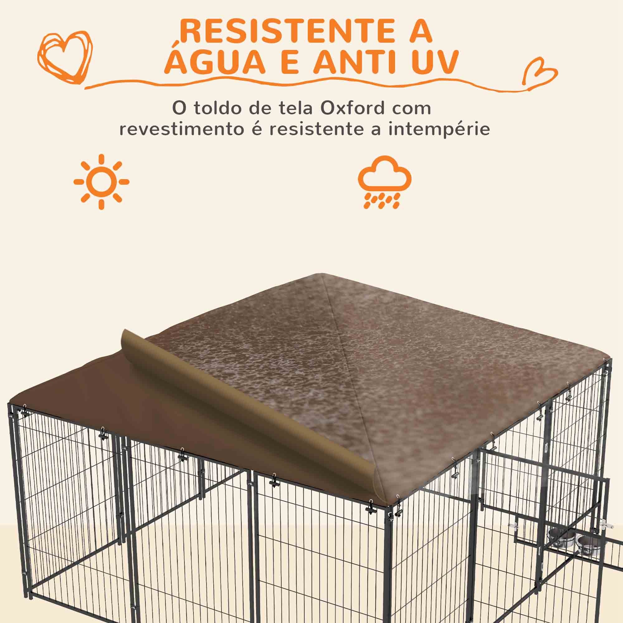 Parque para Cães com Toldo – 211x211x151 cm – Preto e Marrom – Metal
