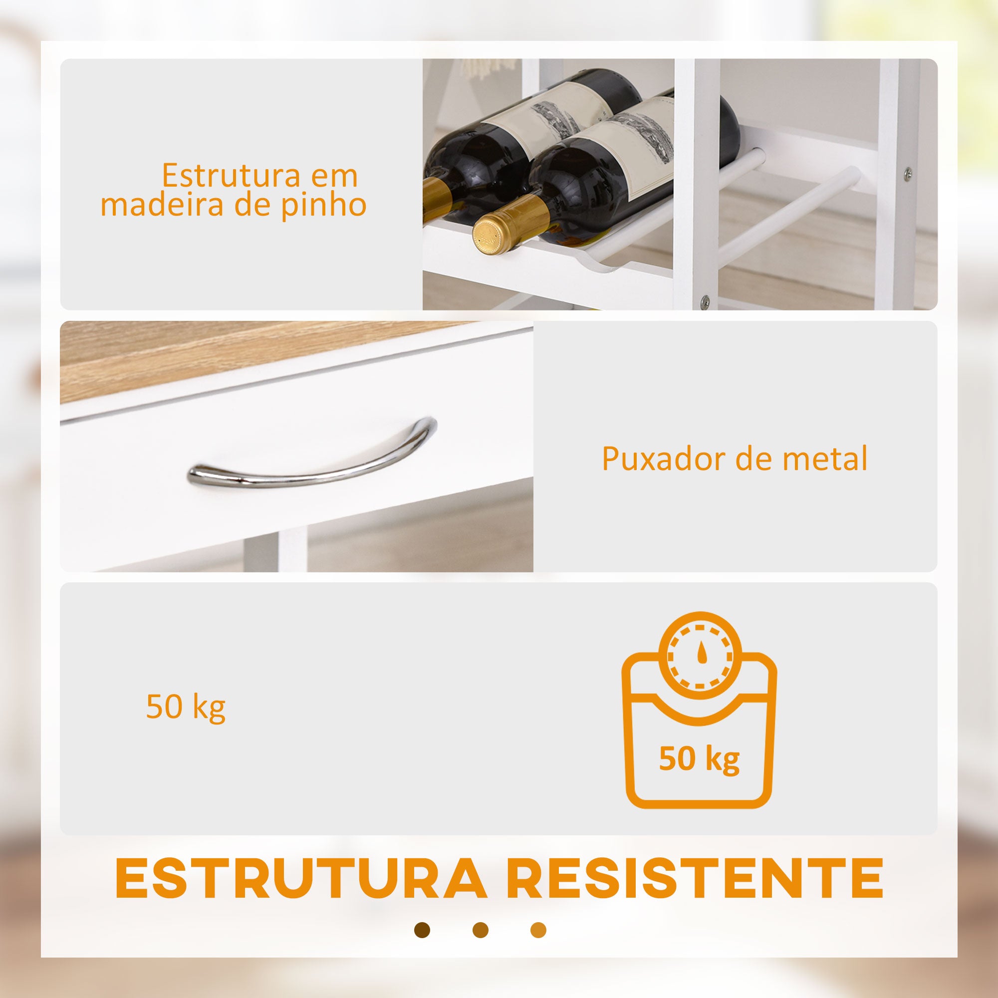 Carrinho de Cozinha 4 Níveis 37x37x76 cm - Branco