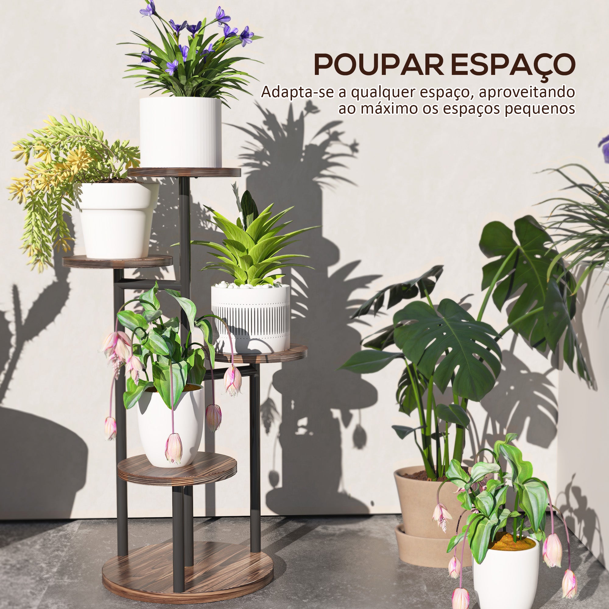 Suporte para Plantas de Madeira e Aço 5 Níveis 43x43x70 cm - Acabamento Carbonizado e Preto