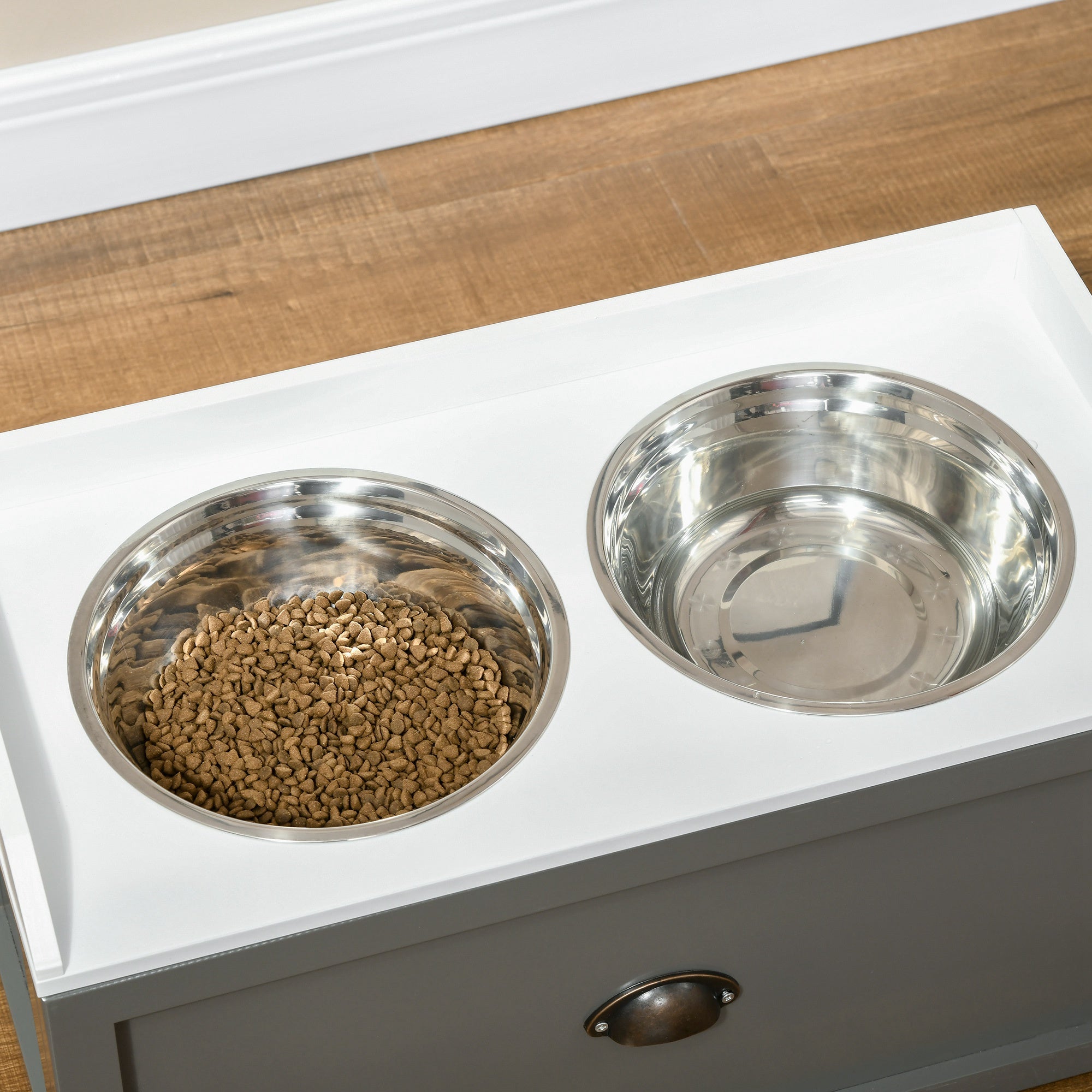 Comedouro Elevado para Cães – 60x30x36 cm – Cinzento – Aço inoxidável e MDF