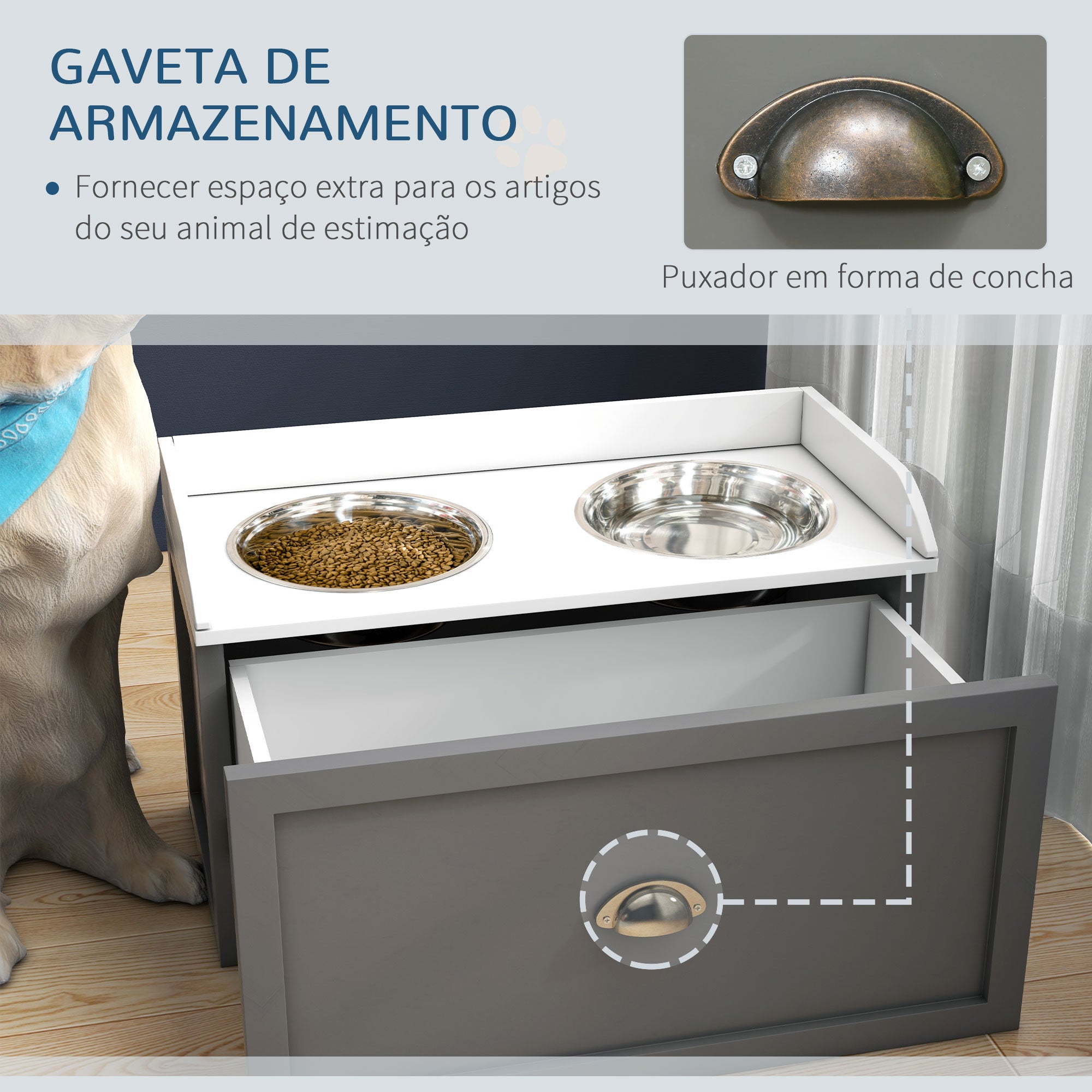 Comedouro Elevado para Cães – 60x30x36 cm – Cinzento – Aço inoxidável e MDF