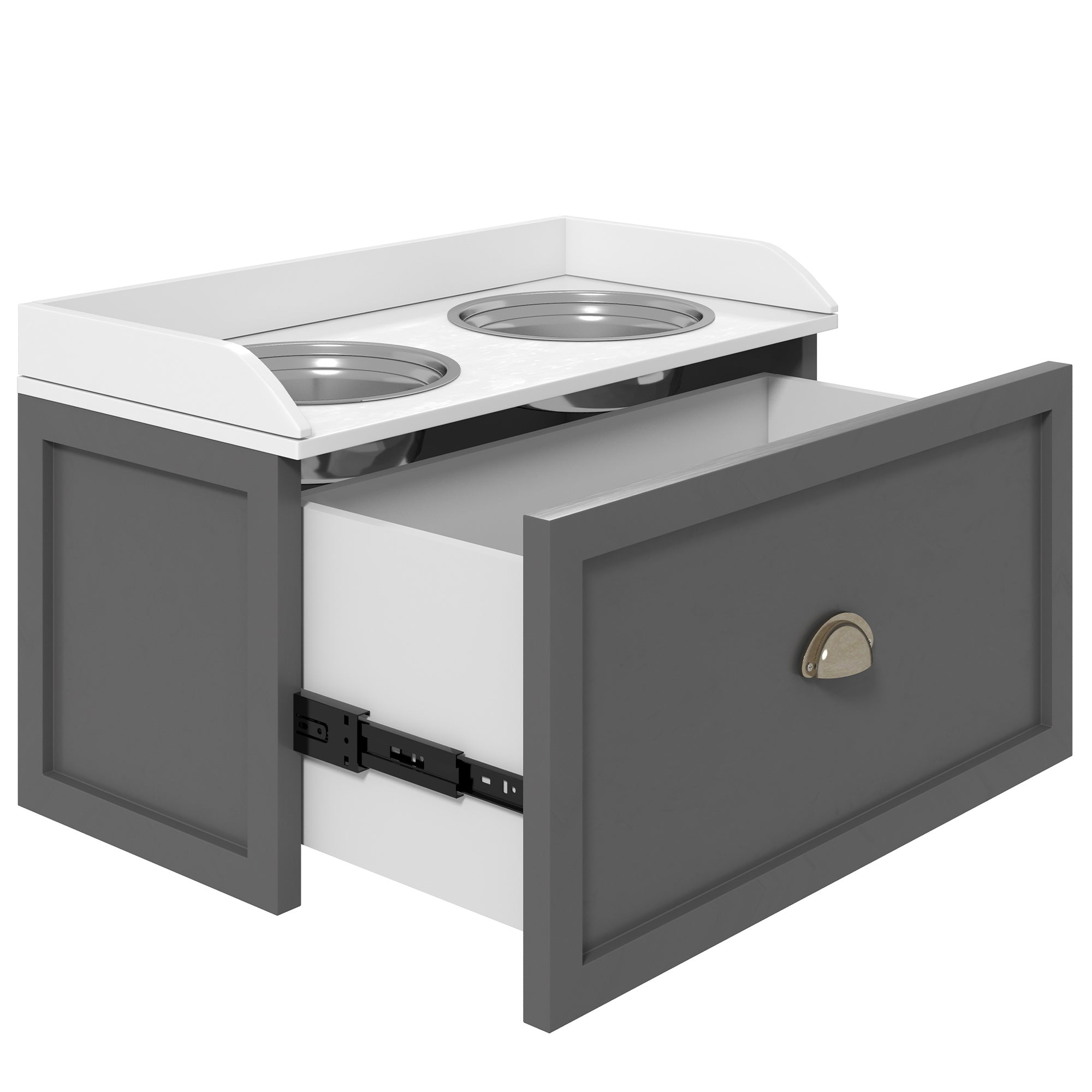 Comedouro Elevado para Cães – 60x30x36 cm – Cinzento – Aço inoxidável e MDF