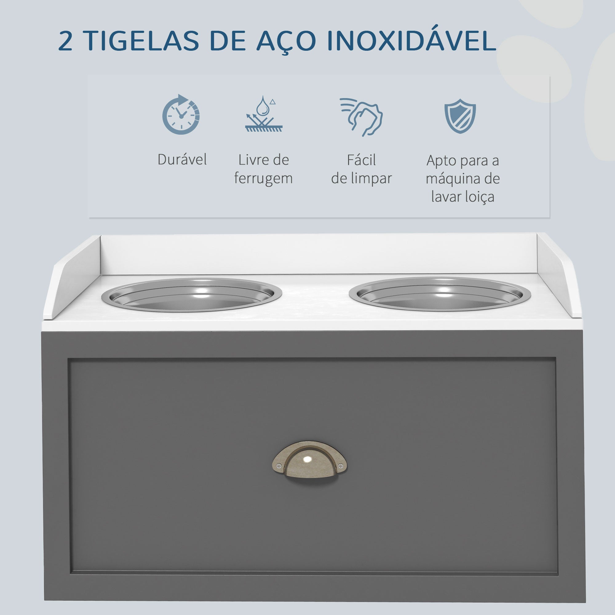 Comedouro Elevado para Cães – 60x30x36 cm – Cinzento – Aço inoxidável e MDF