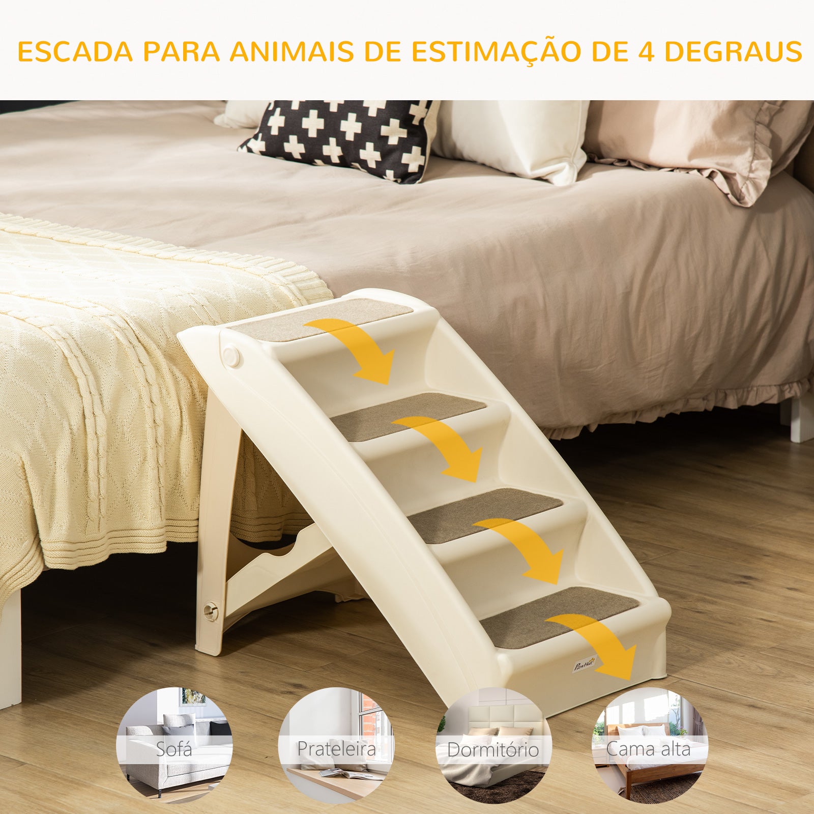 Escada Dobrável para Animais de Estimação 4 Degraus – 67x38x49.5 cm – Bege – Plástico