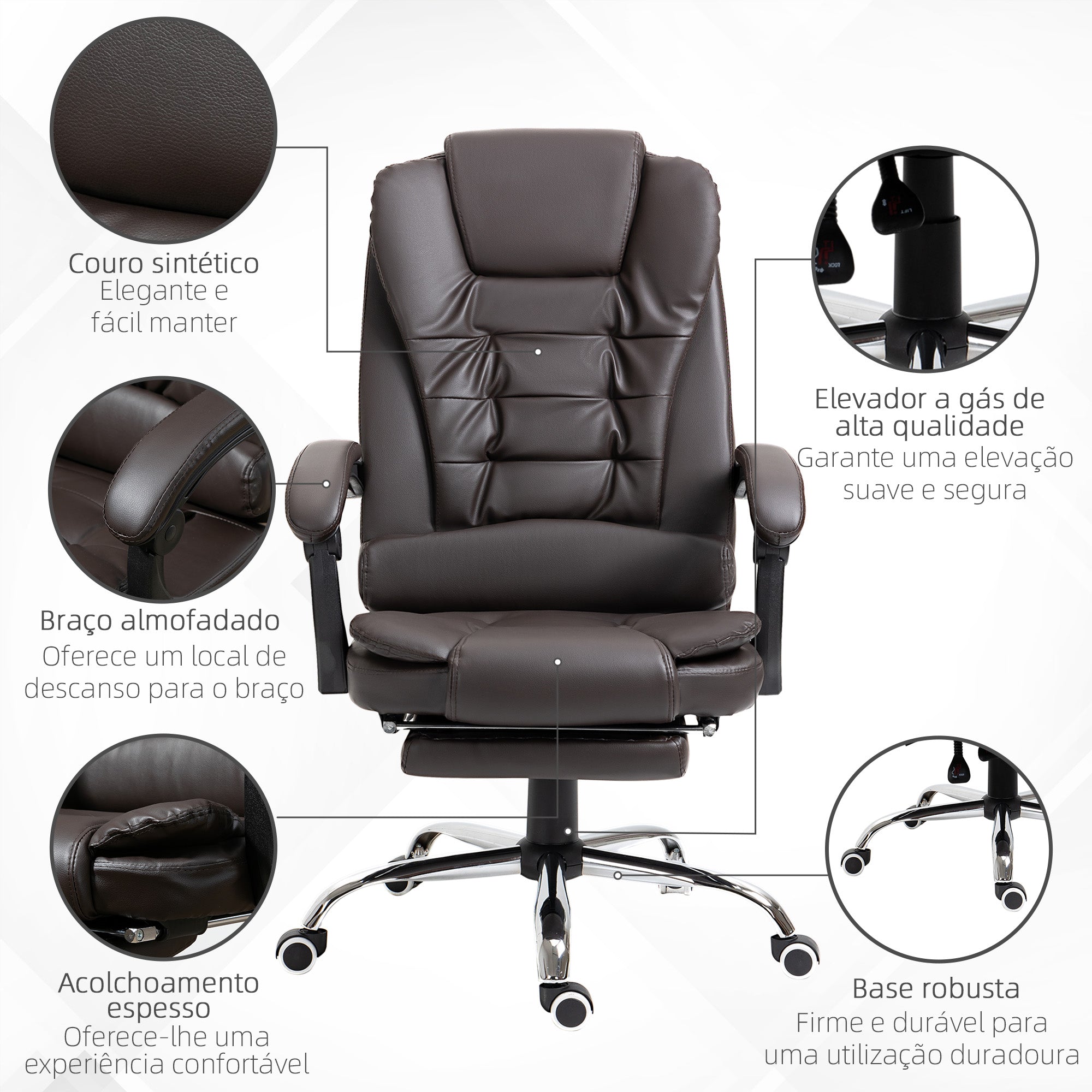 Cadeira de Escritório Reclinável – 64,5x69x109-117 cm – Marrom – Couro sintético/Metal/Plástico