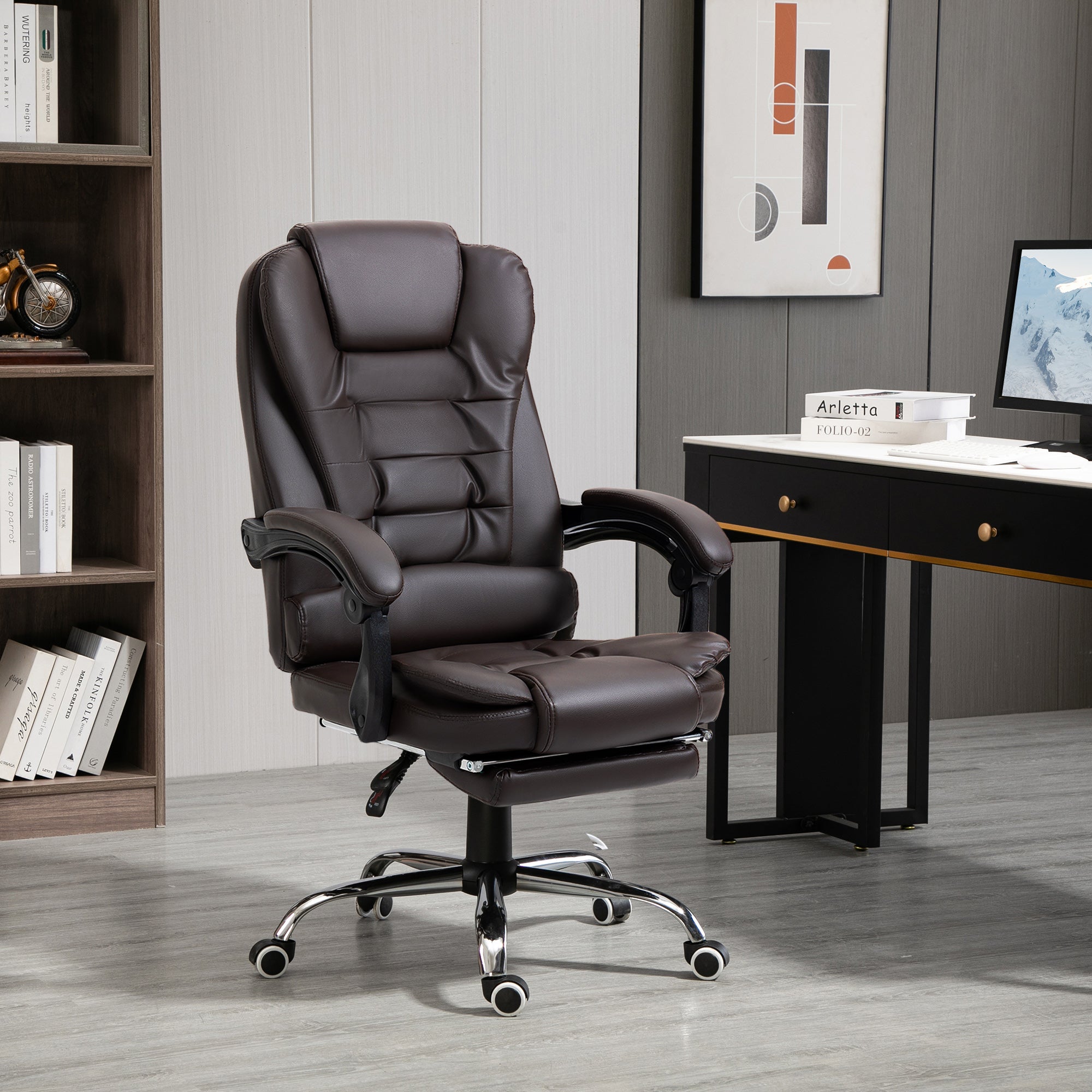 Cadeira de Escritório Reclinável – 64,5x69x109-117 cm – Marrom – Couro sintético/Metal/Plástico