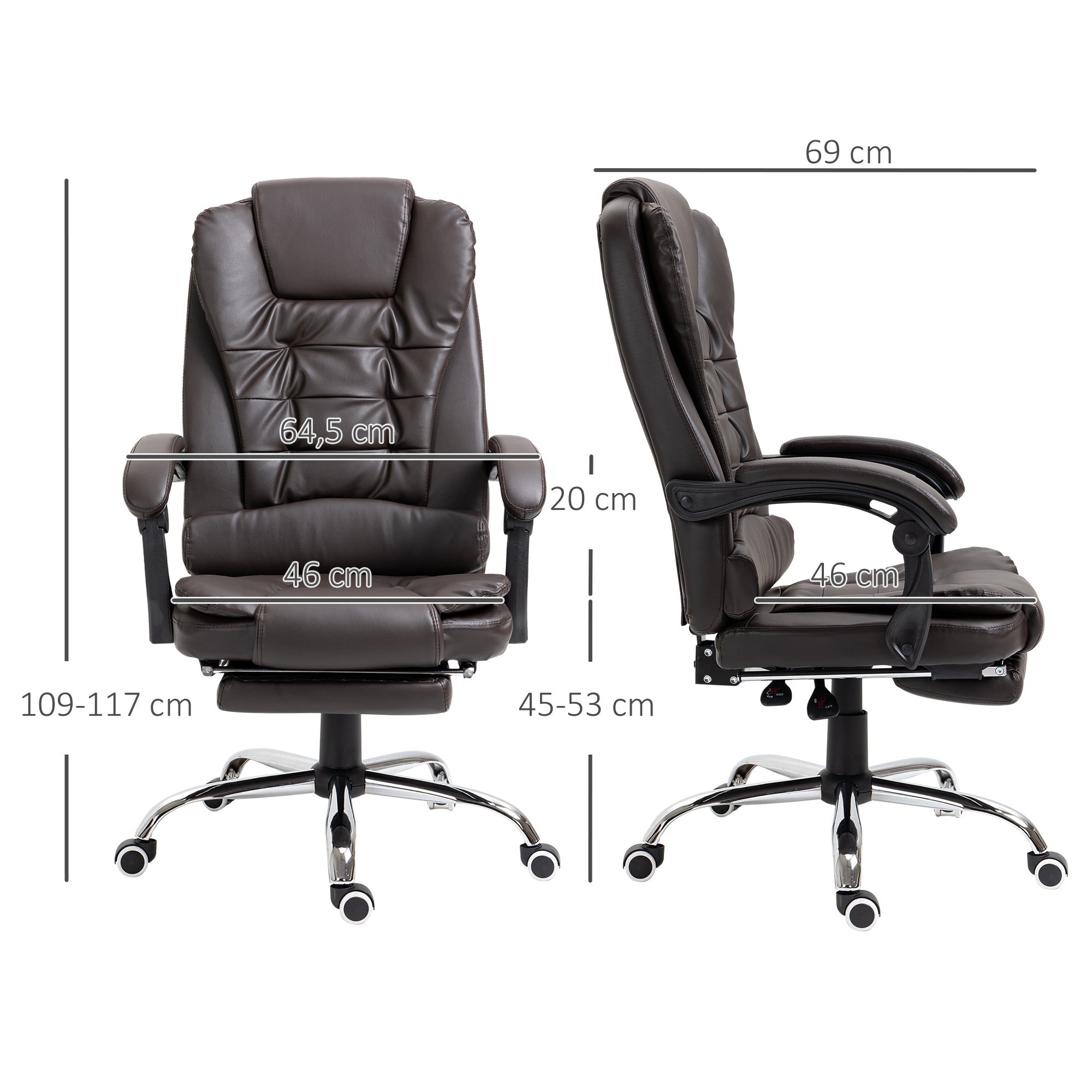 Cadeira de Escritório Reclinável – 64,5x69x109-117 cm – Marrom – Couro sintético/Metal/Plástico