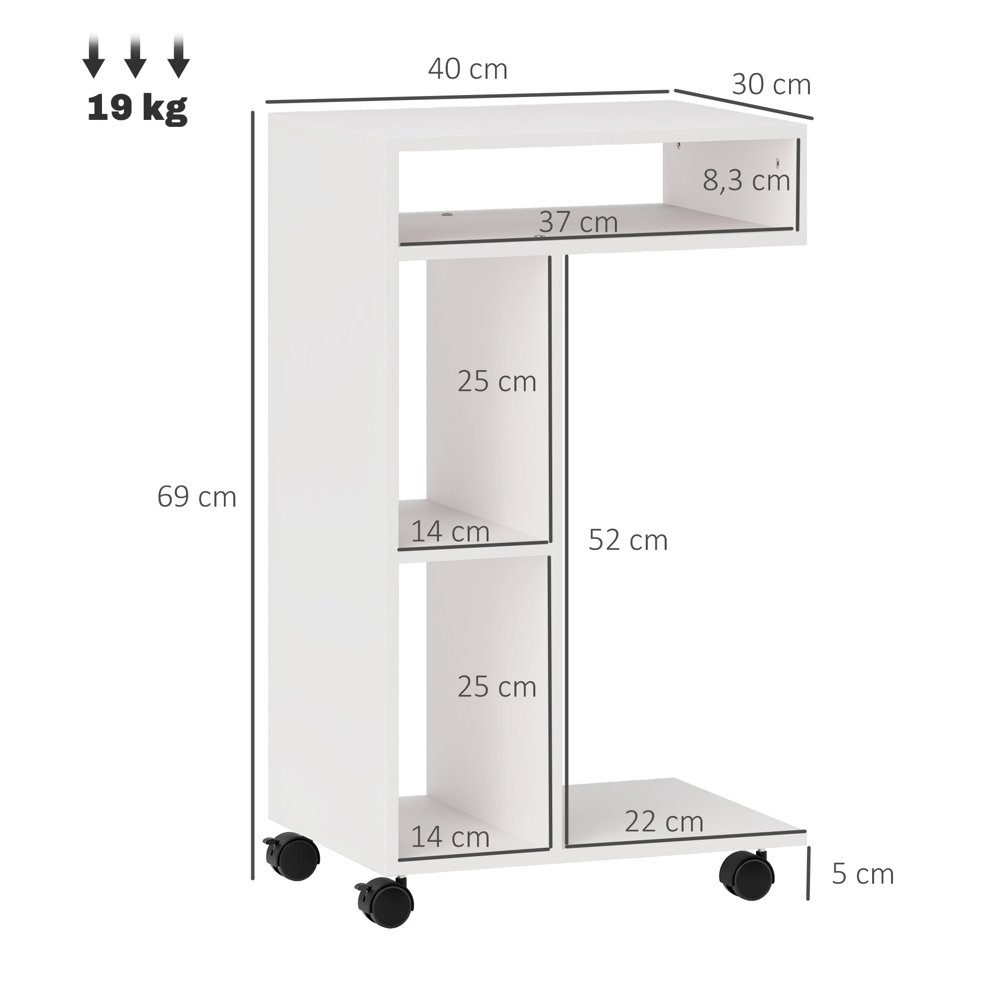 Mesa Auxiliar em Forma de C – 40x30x69 cm – Branca – Melamina