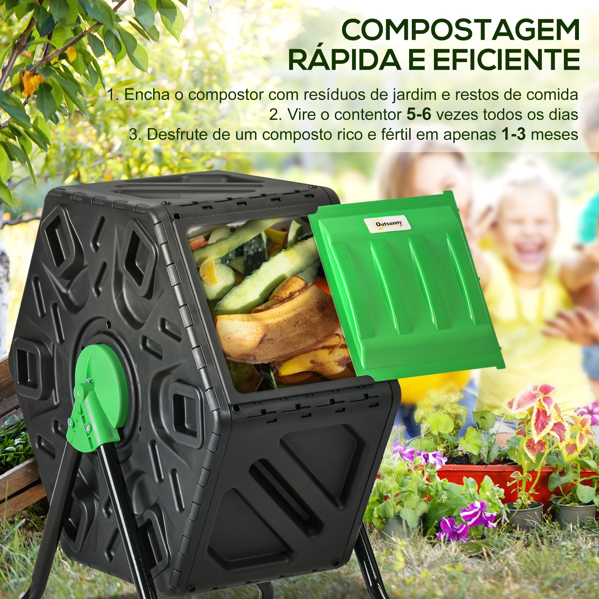 Compostor Giratório de Jardim 65L Preto e Verde 60x49x77 cm