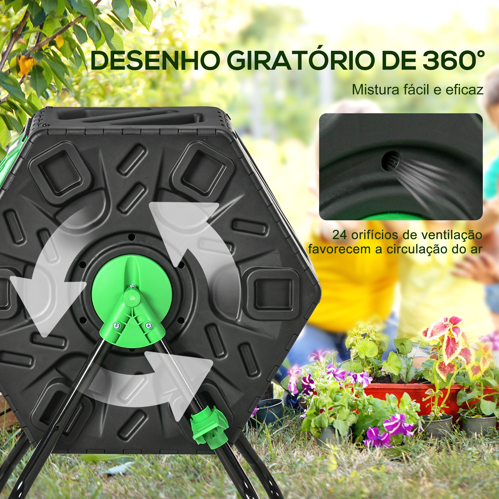 Compostor Giratório de Jardim 65L Preto e Verde 60x49x77 cm