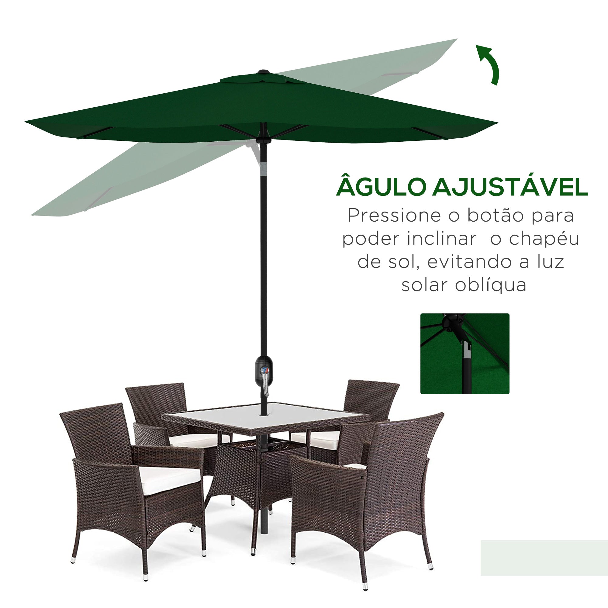 Guarda-Sol de Jardim 300x200x248 cm Verde - Proteção UV50+ Alumínio Inclinável