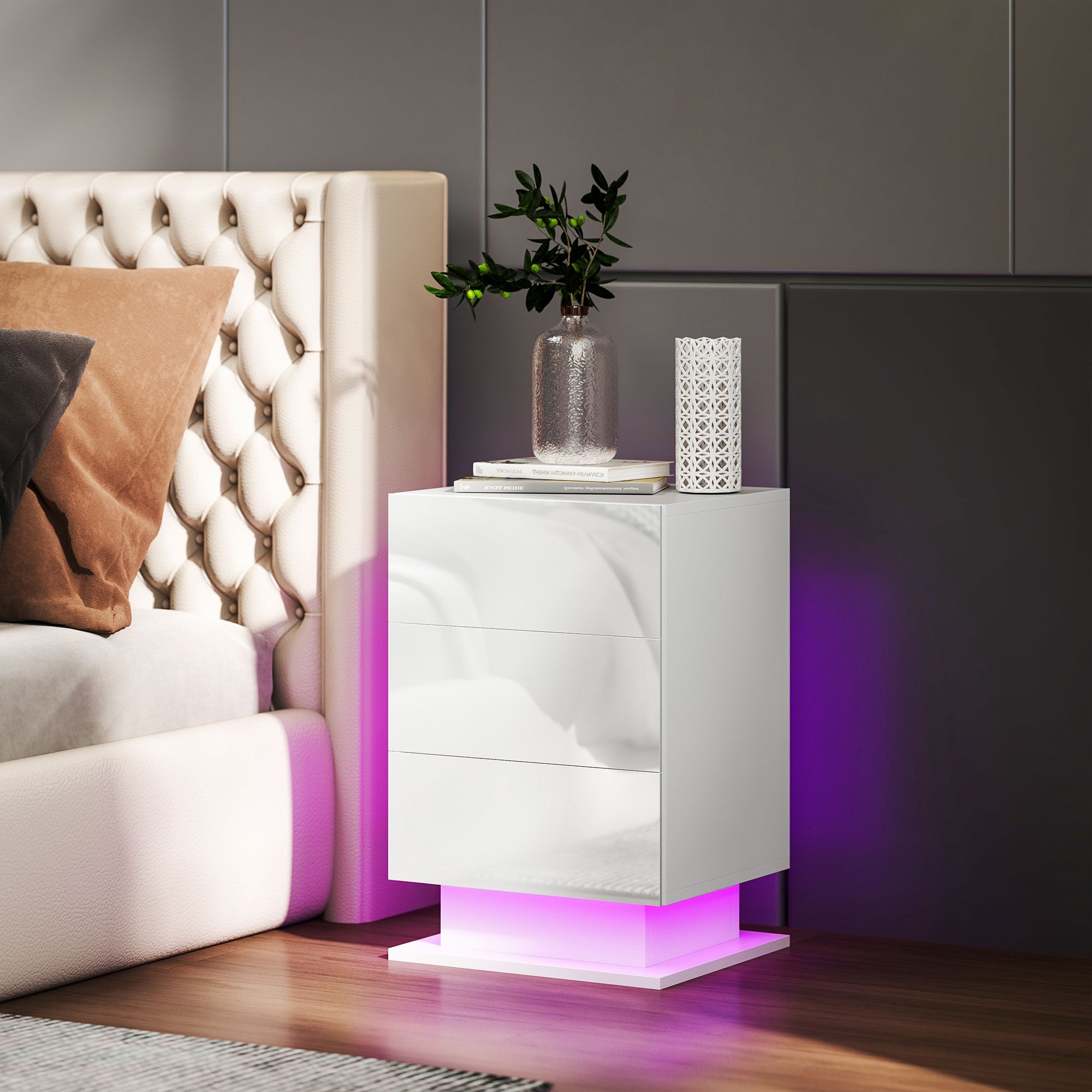 Mesa de Cabeceira com Faixa de Luz LED Multicolor 40x35x60 cm - Branco
