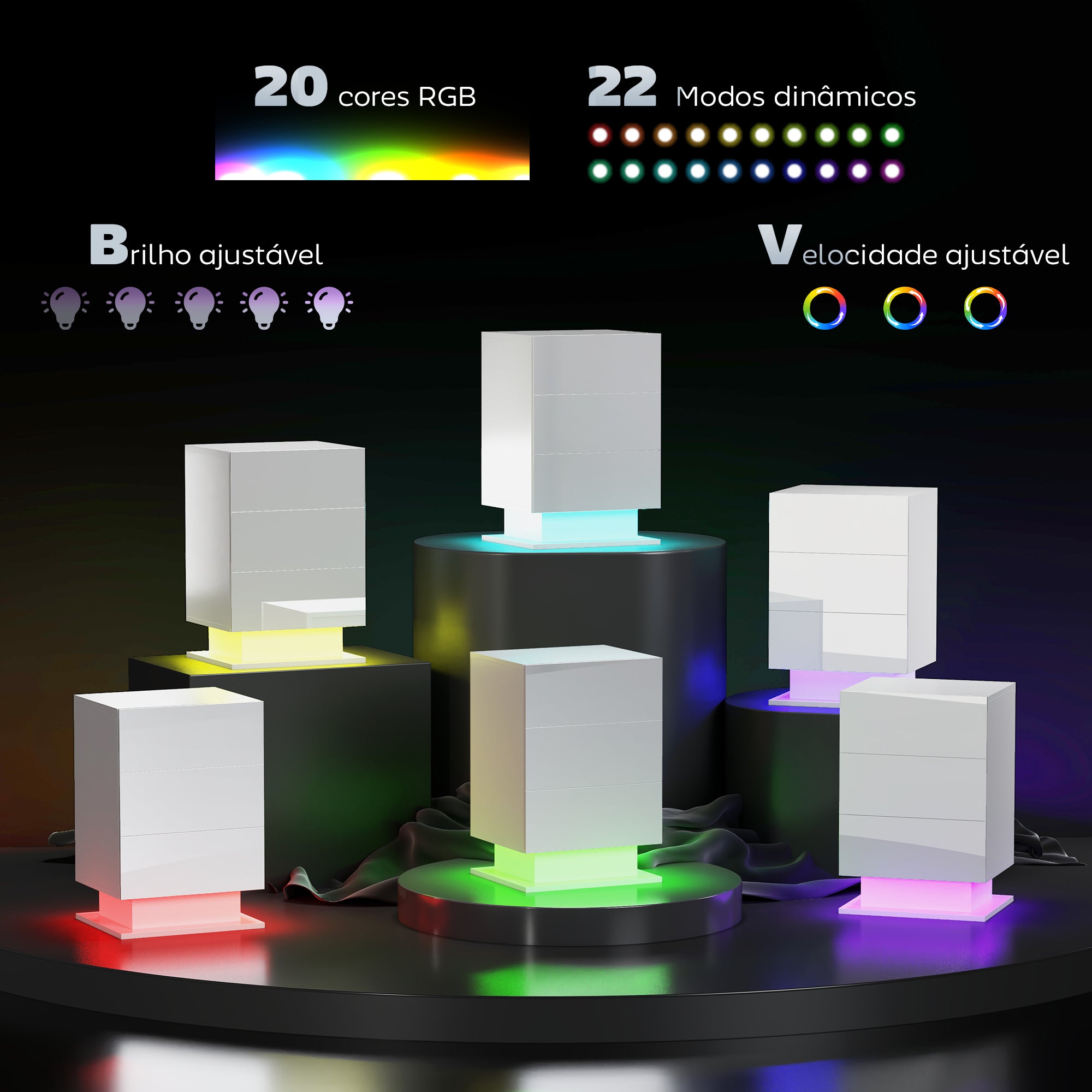 Mesa de Cabeceira com Faixa de Luz LED Multicolor 40x35x60 cm - Branco