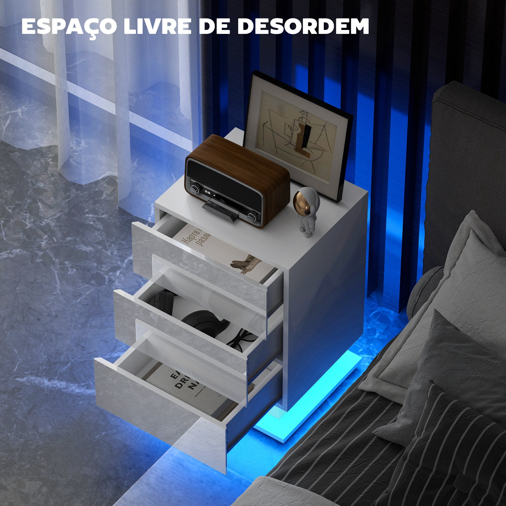 Mesa de Cabeceira com Faixa de Luz LED Multicolor 40x35x60 cm - Branco