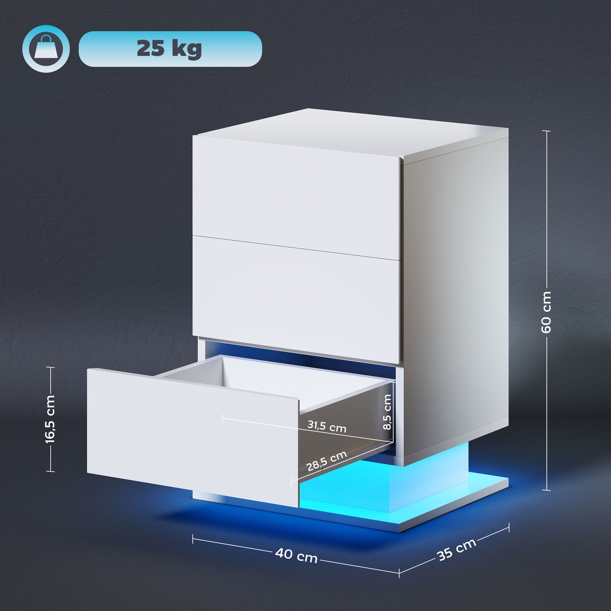 Mesa de Cabeceira com Faixa de Luz LED Multicolor 40x35x60 cm - Branco