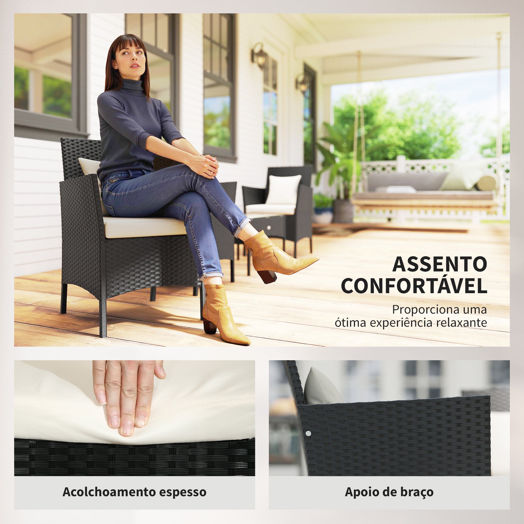 Conjunto de Sofá de Jardim de Vime Sintético Preto e Branco 103x55x80 cm