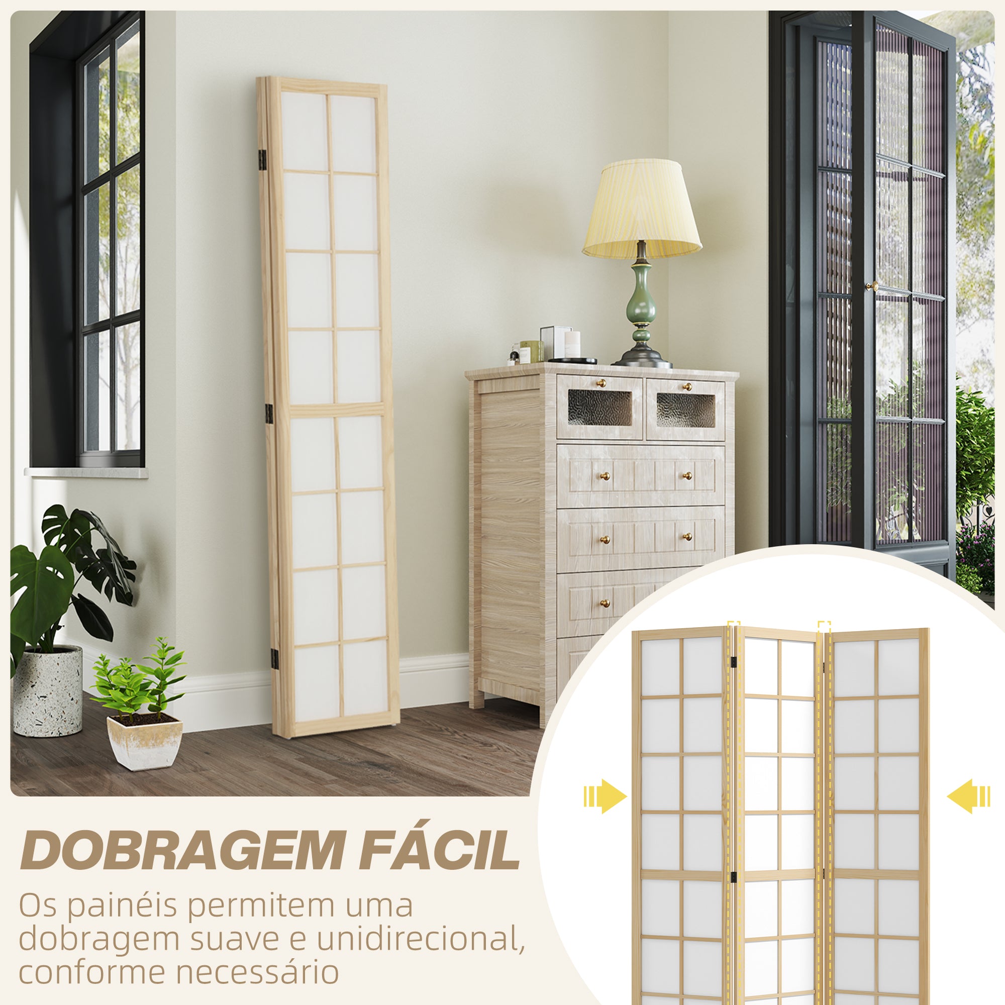 Biombo Dobrável de 3 Painéis – 120x170 cm – Cor de Madeira Natural – Madeira
