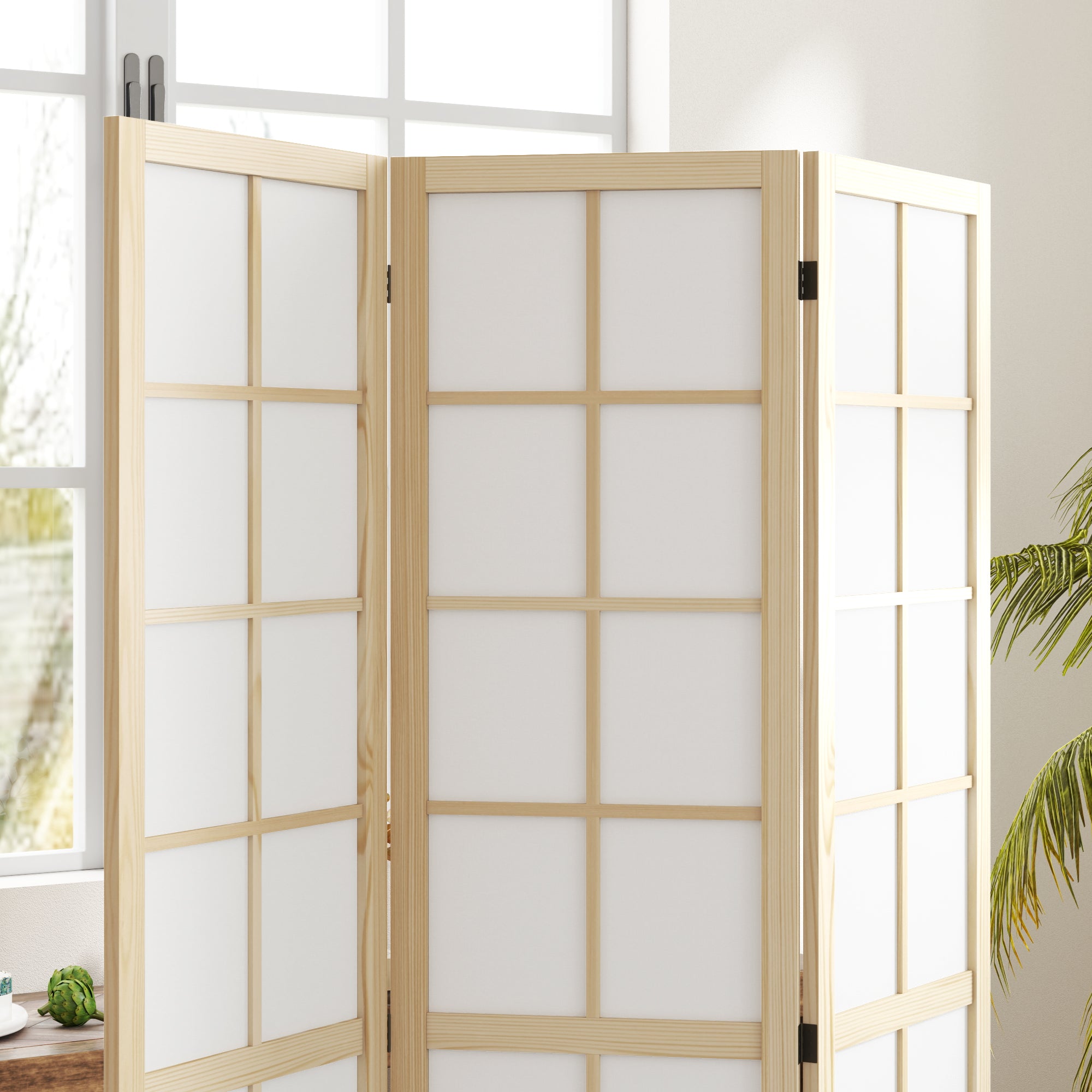 Biombo Dobrável de 3 Painéis – 120x170 cm – Cor de Madeira Natural – Madeira