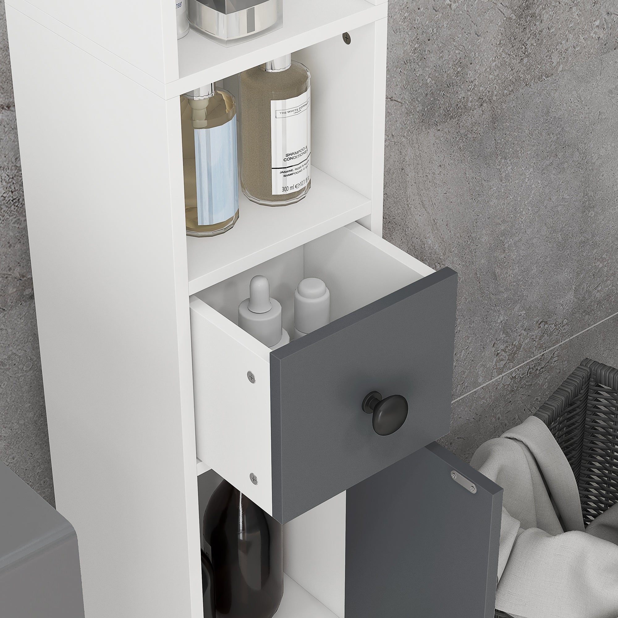 Coluna para Casa de Banho Moderna – 20x20x180 cm – Branco e Cinza – Melamina