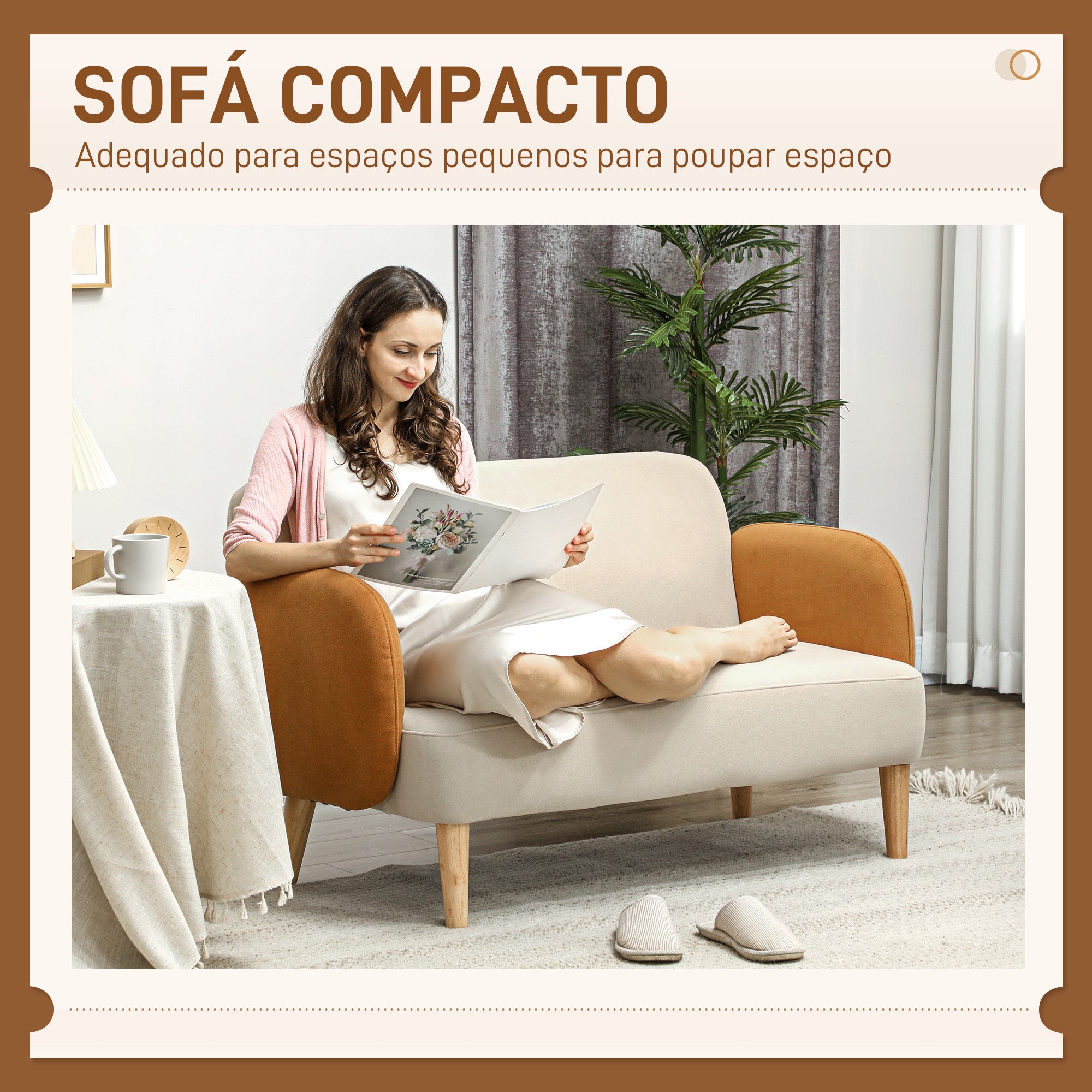 Sofá 2 Lugares em Veludo Bege e Ocre – 130x74x76 cm – Veludo (100% poliéster)