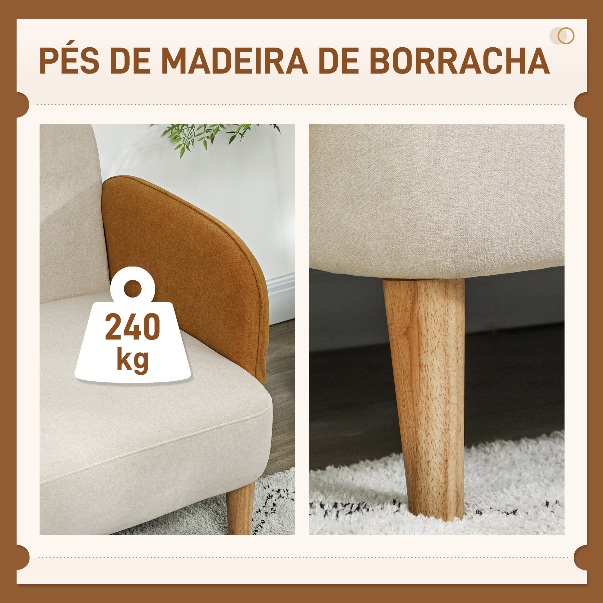 Sofá 2 Lugares em Veludo Bege e Ocre – 130x74x76 cm – Veludo (100% poliéster)