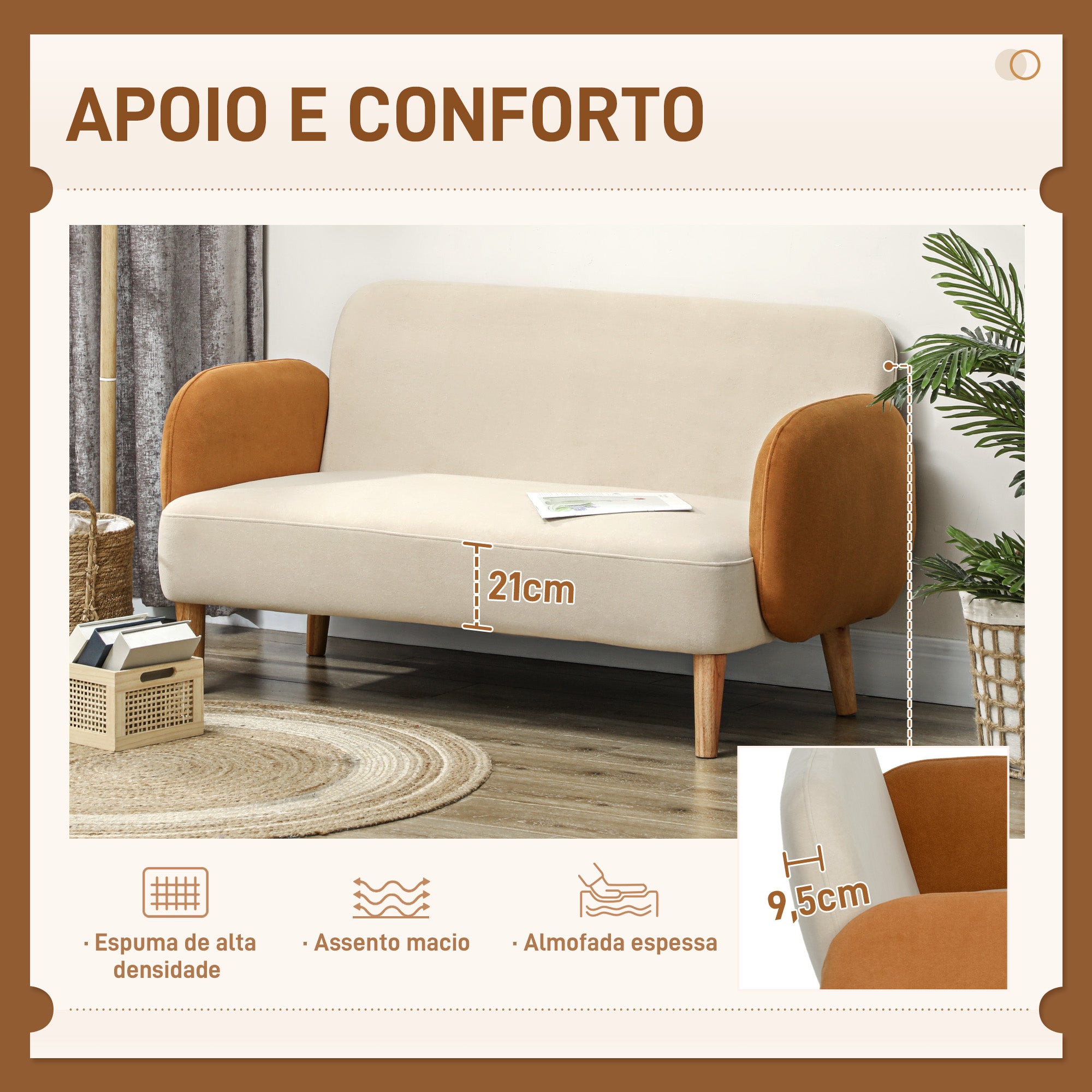 Sofá 2 Lugares em Veludo Bege e Ocre – 130x74x76 cm – Veludo (100% poliéster)