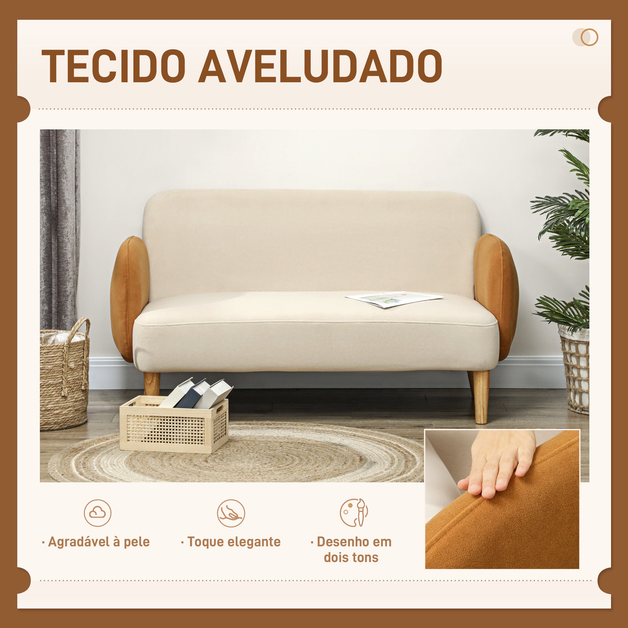 Sofá 2 Lugares em Veludo Bege e Ocre – 130x74x76 cm – Veludo (100% poliéster)