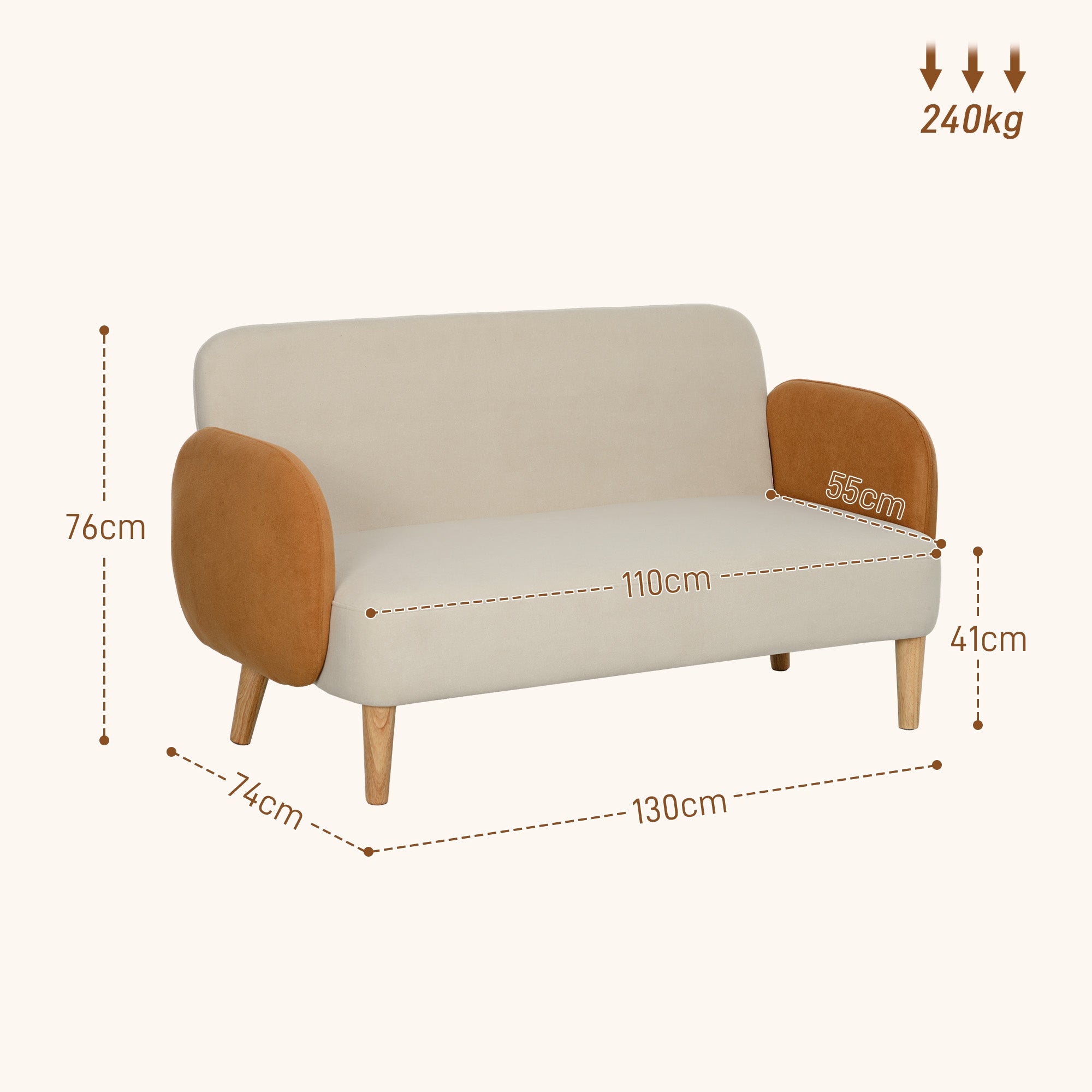 Sofá 2 Lugares em Veludo Bege e Ocre – 130x74x76 cm – Veludo (100% poliéster)