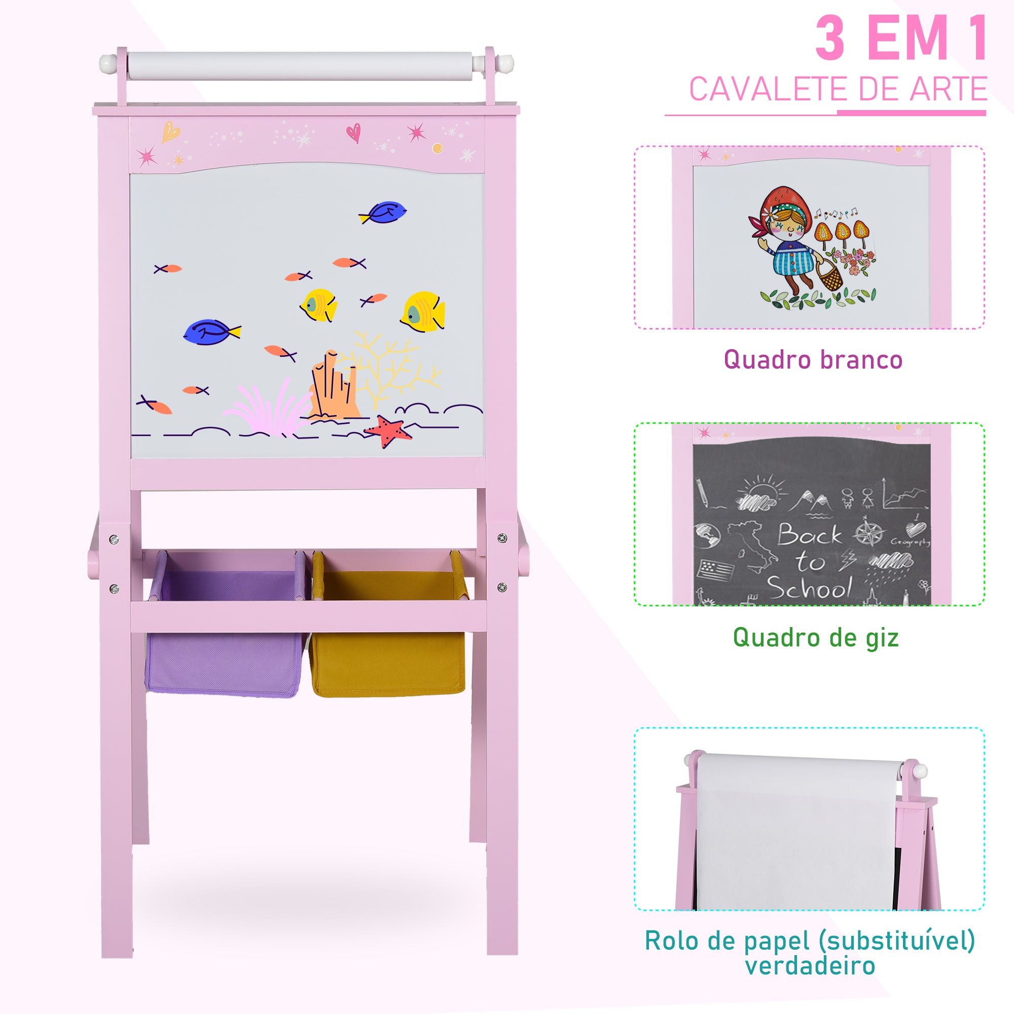 Cavalete Infantil 3 em 1 58,5x50,5x118 cm Rosa