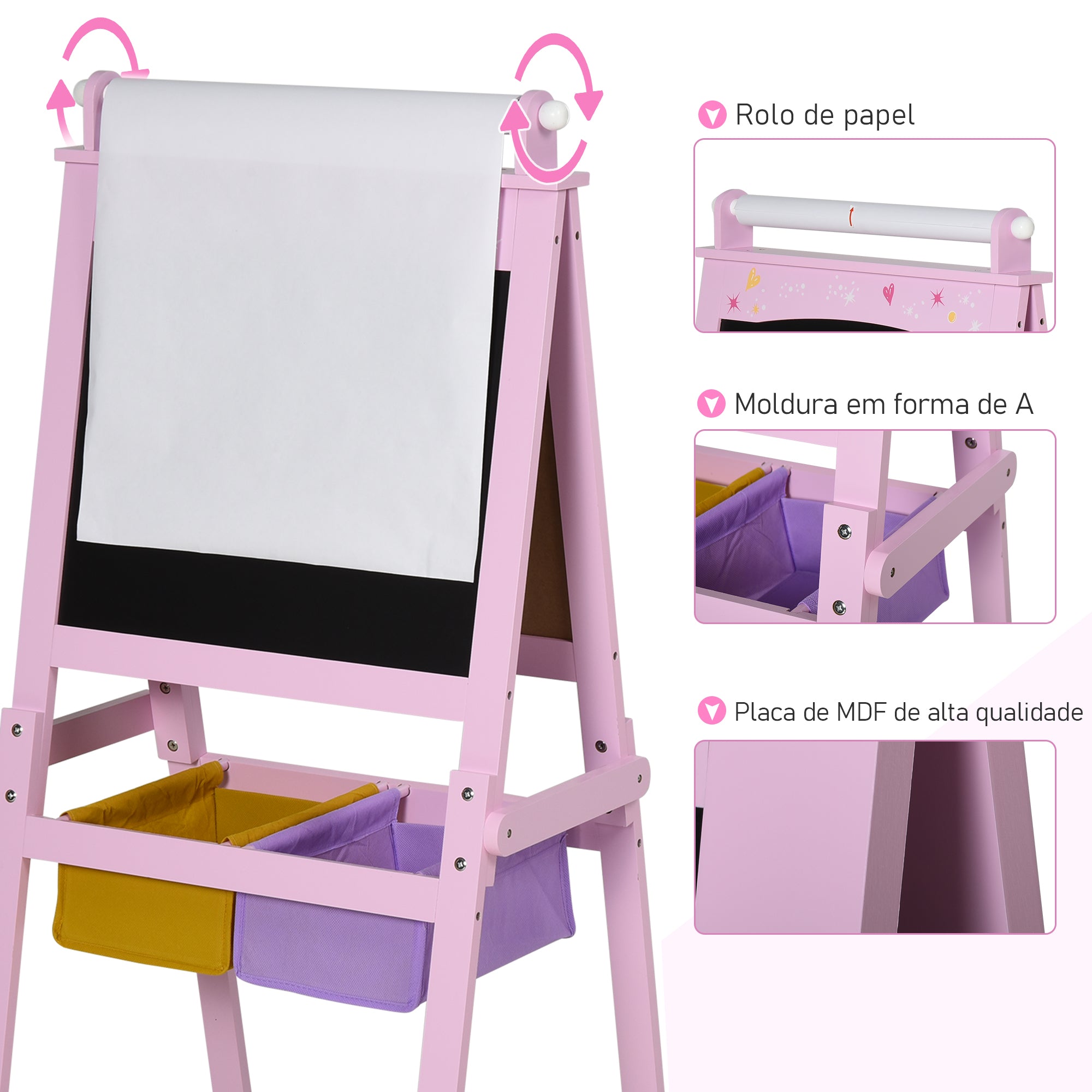 Cavalete Infantil 3 em 1 58,5x50,5x118 cm Rosa