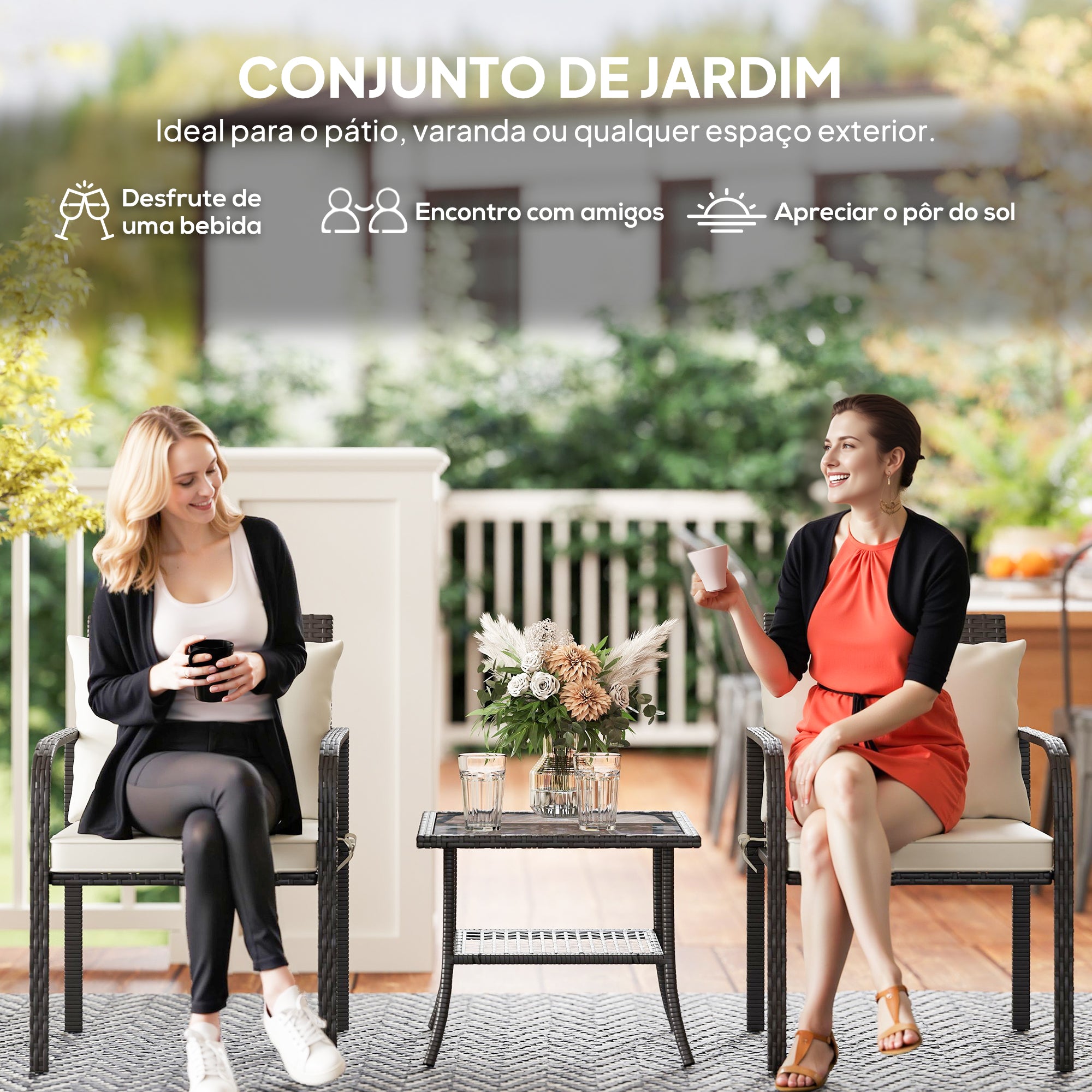 Conjunto de Jardim de 3 Peças Marrom Escuro e Creme - 55x57x79 cm