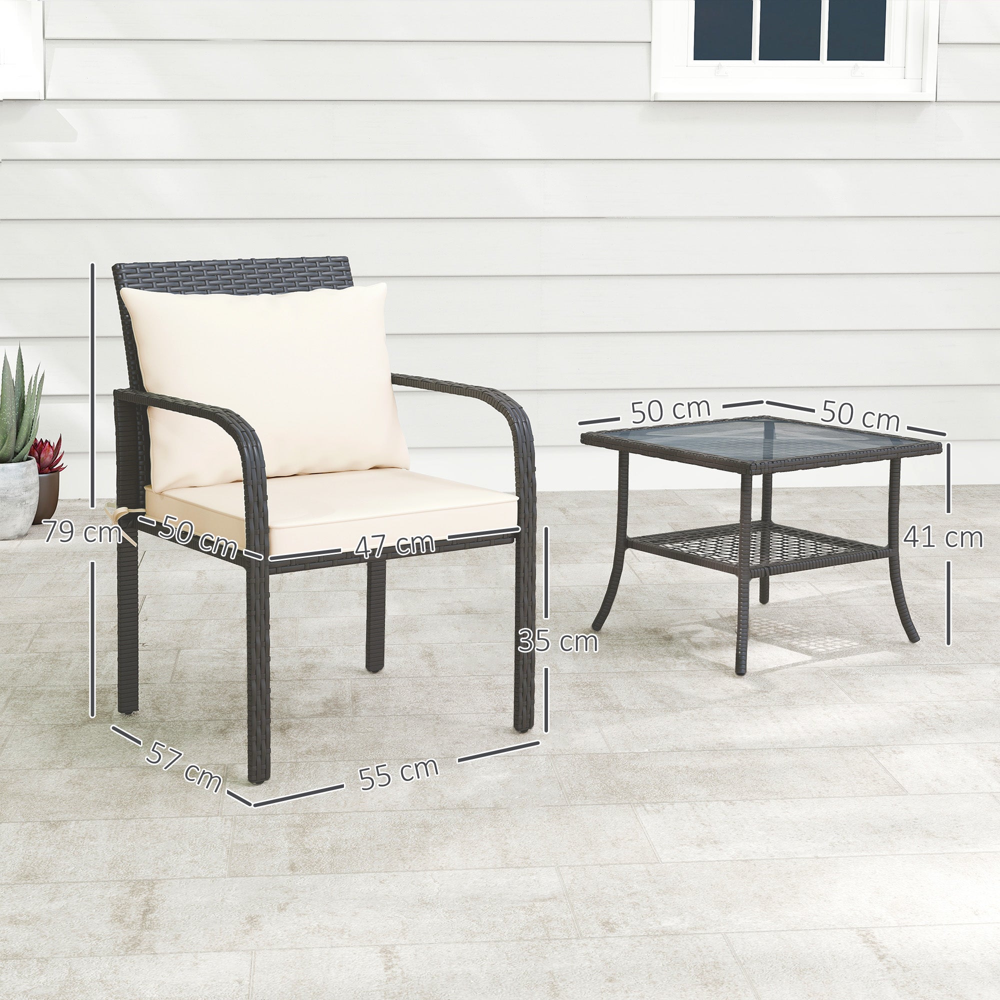 Conjunto de Jardim de 3 Peças Marrom Escuro e Creme - 55x57x79 cm