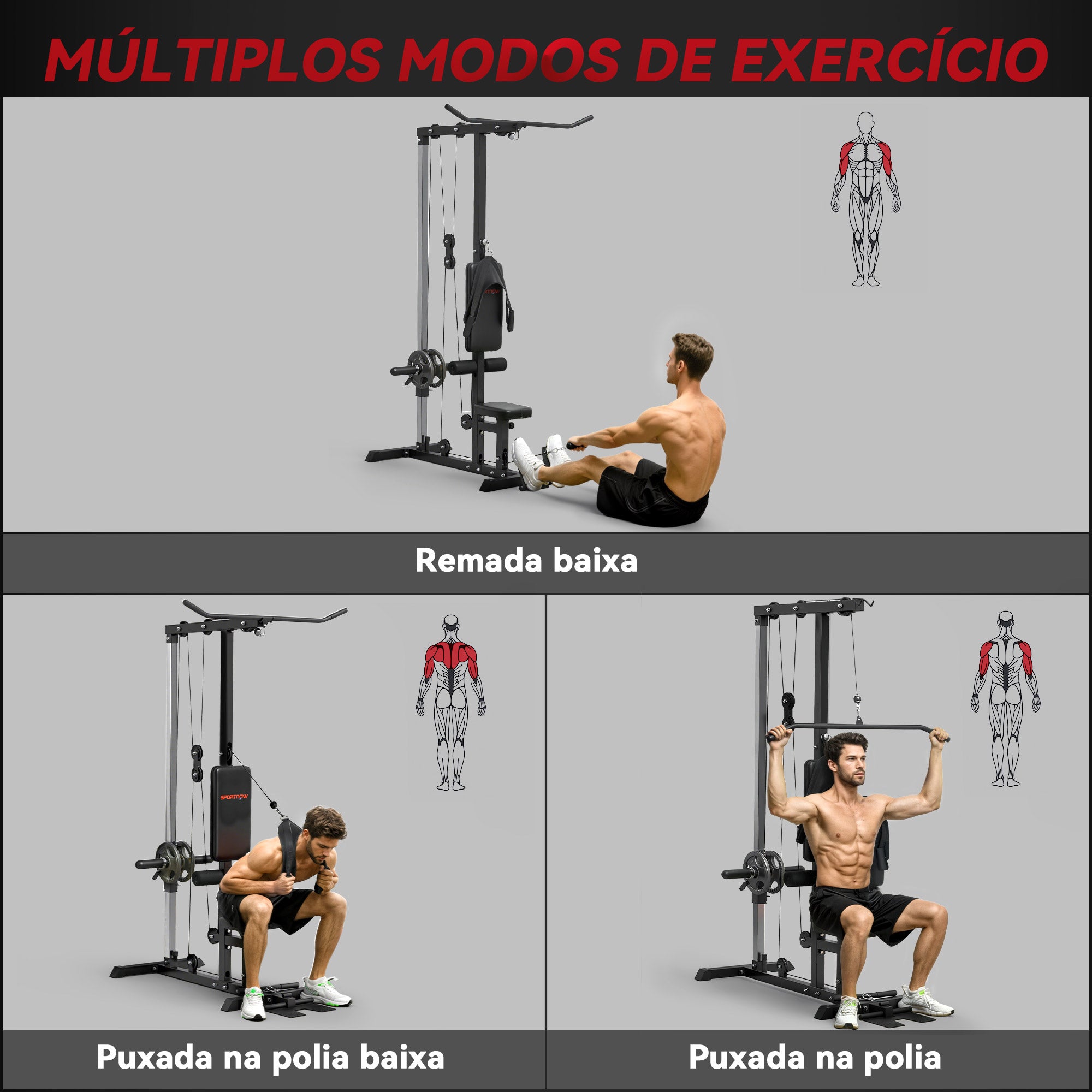 Estação de Musculação com Assento Ajustável – 140x108x197 cm – Preto – Aço